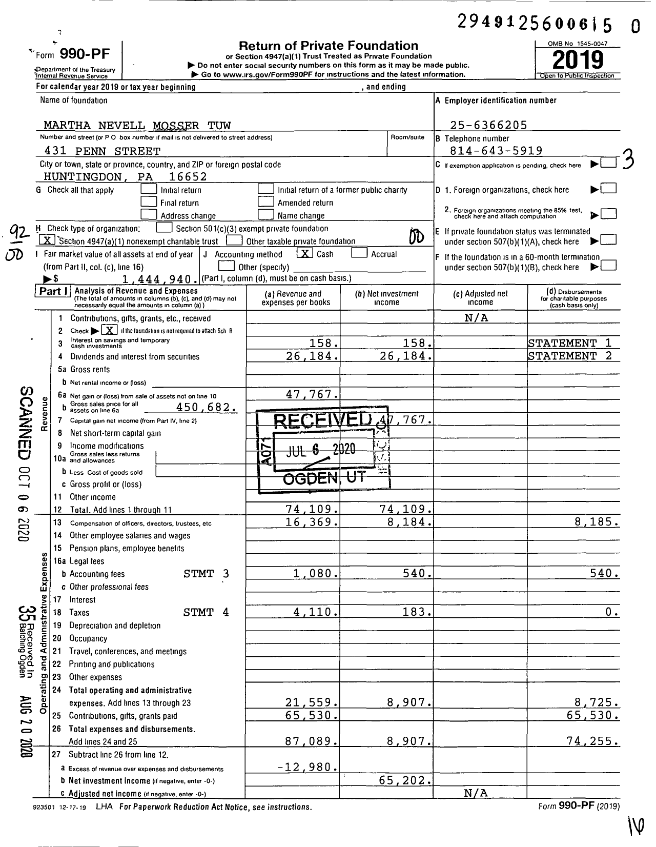 Image of first page of 2019 Form 990PR for Martha Nevell Mosser Trust Tuw