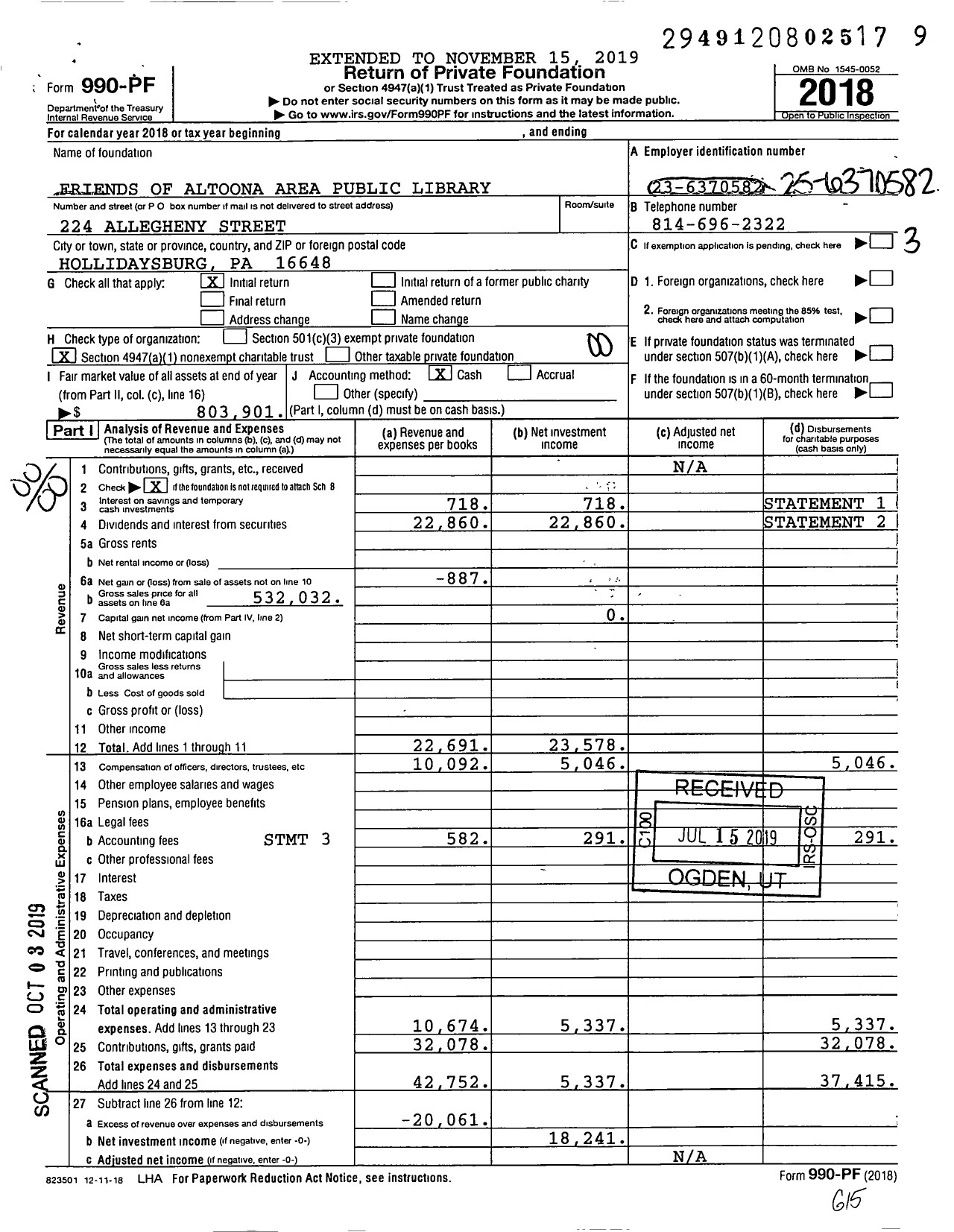 Image of first page of 2018 Form 990PF for Friends of the Altoona Area Public Library