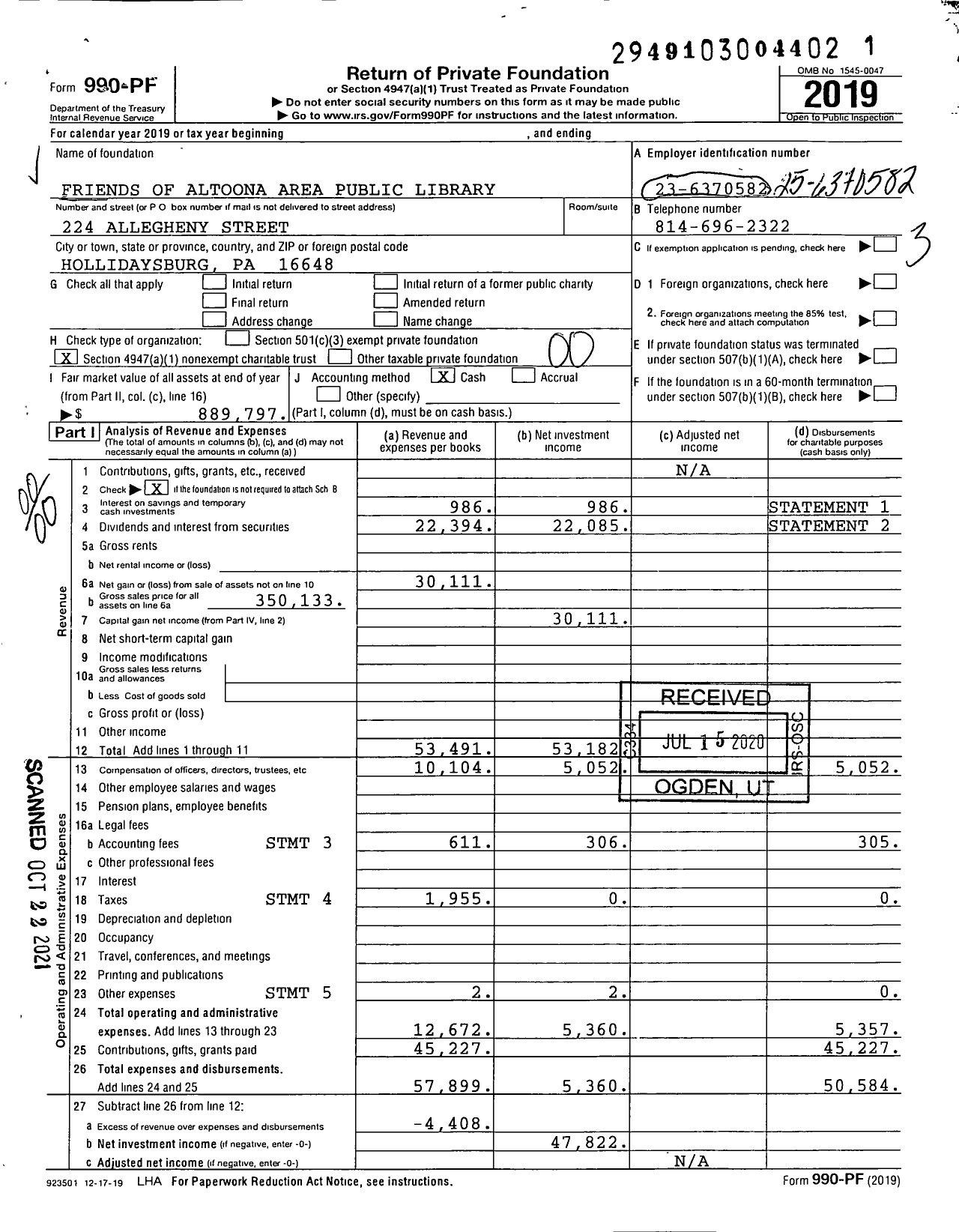 Image of first page of 2019 Form 990PF for Friends of the Altoona Area Public Library