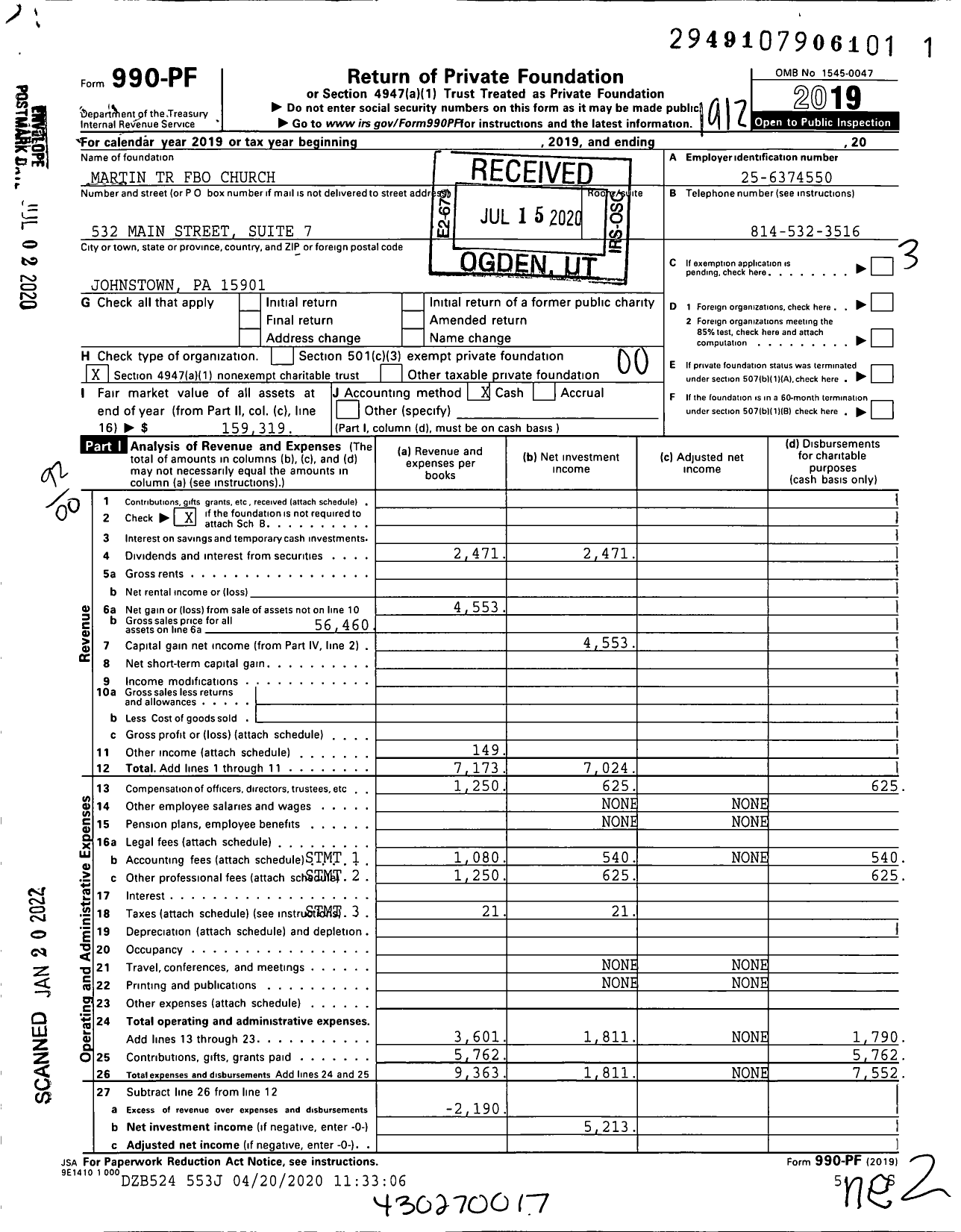 Image of first page of 2019 Form 990PF for Martin TR Fbo Church