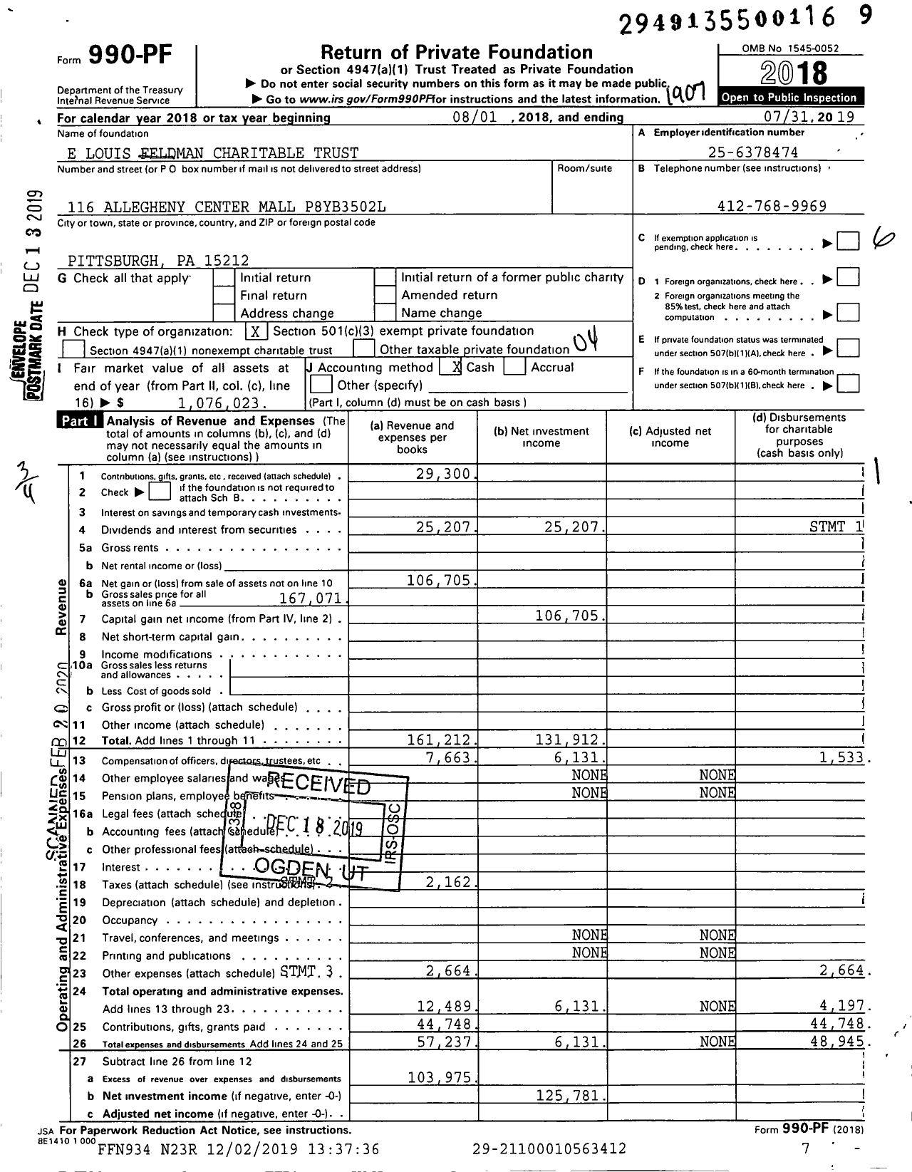 Image of first page of 2018 Form 990PF for E Louis Feldman Charitable Trust