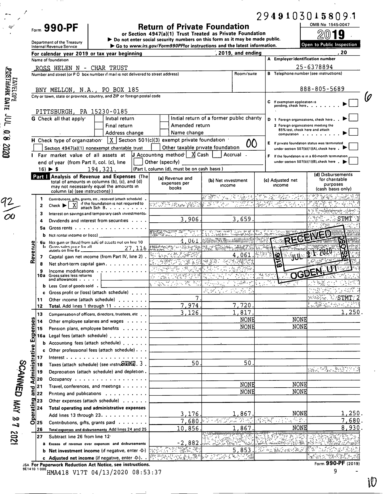 Image of first page of 2019 Form 990PF for Ross Helen N - Char Trust