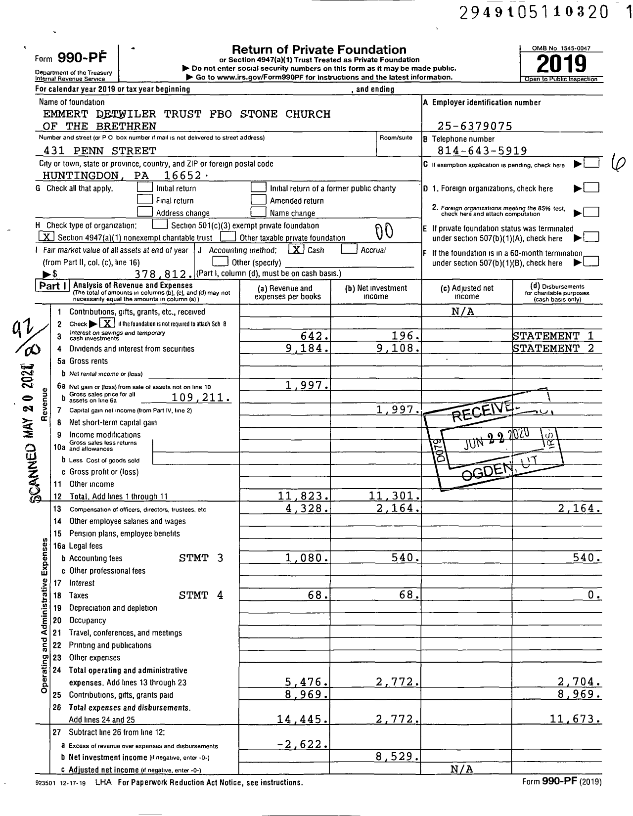 Image of first page of 2019 Form 990PF for Emmert Detwiler Fbo Stone Church Brethren