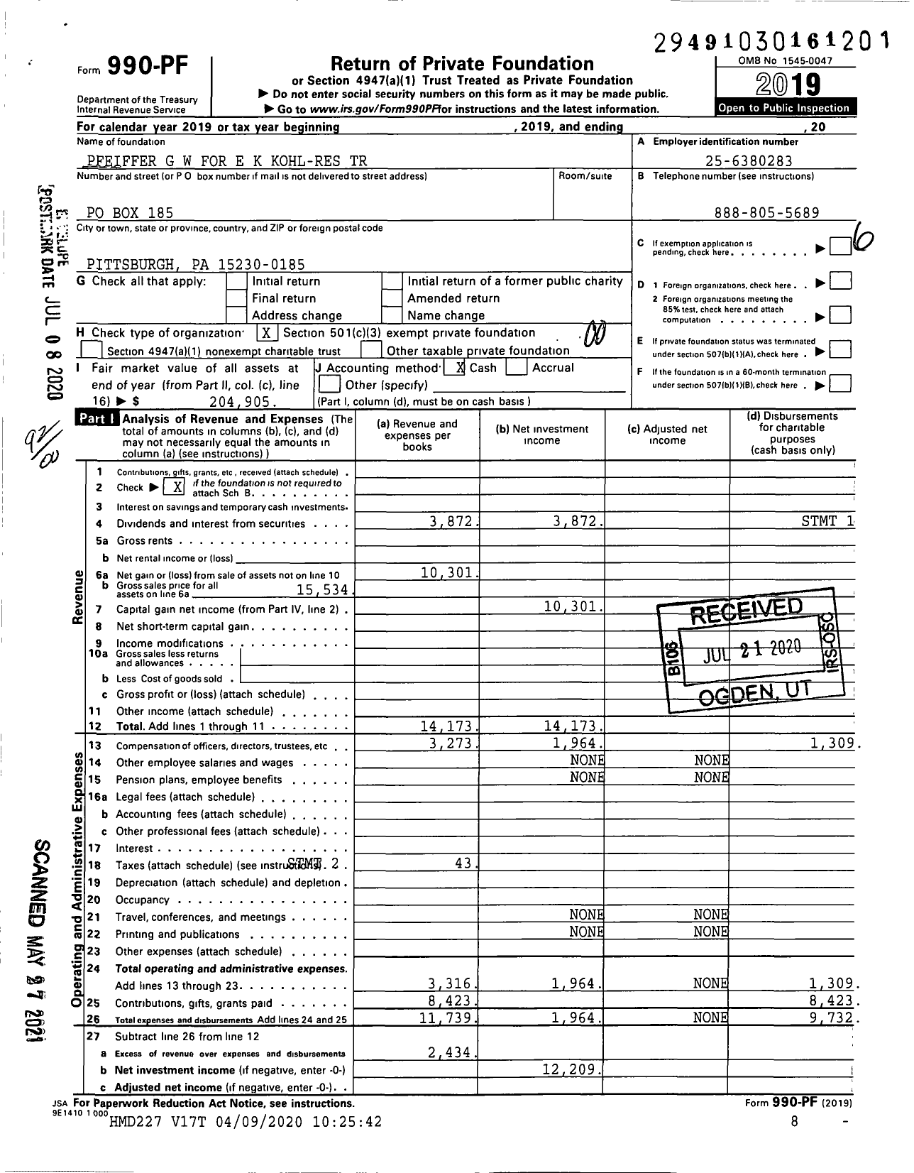 Image of first page of 2019 Form 990PF for Pfeiffer G W for E K Kohl-Res Trust