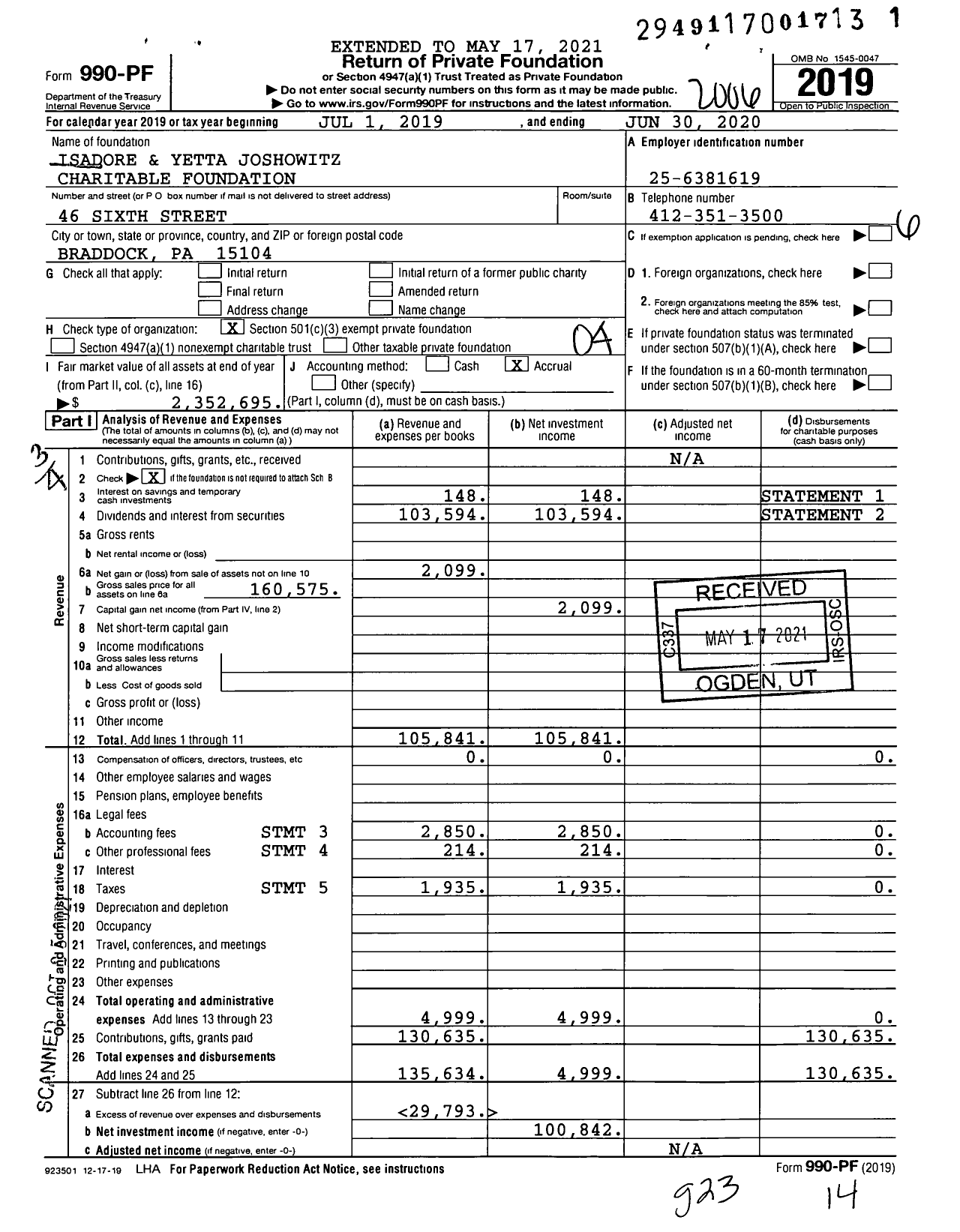 Image of first page of 2019 Form 990PF for Isadore and Yetta Joshowitz Charitable Foundation