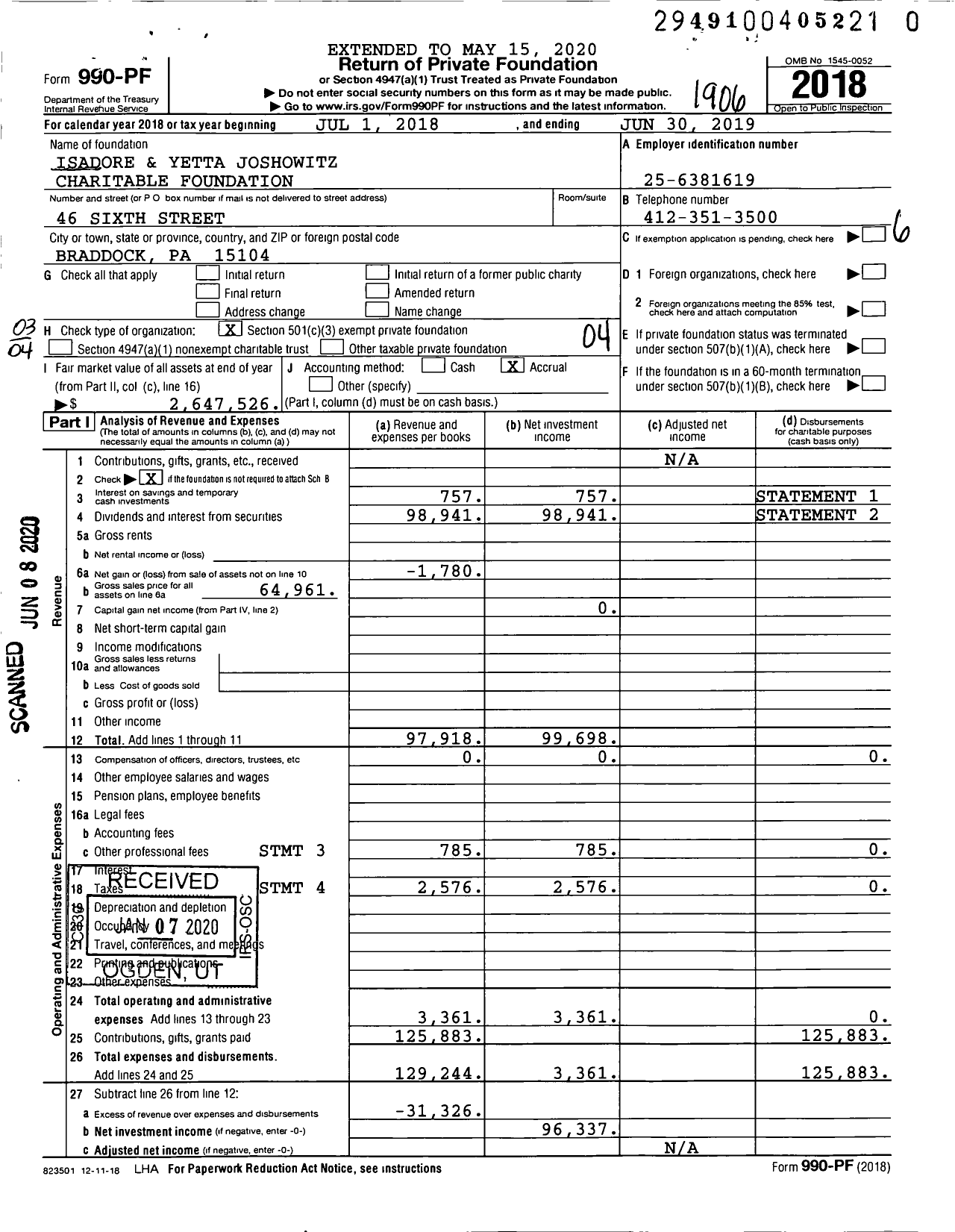 Image of first page of 2018 Form 990PR for Isadore and Yetta Joshowitz Charitable Foundation