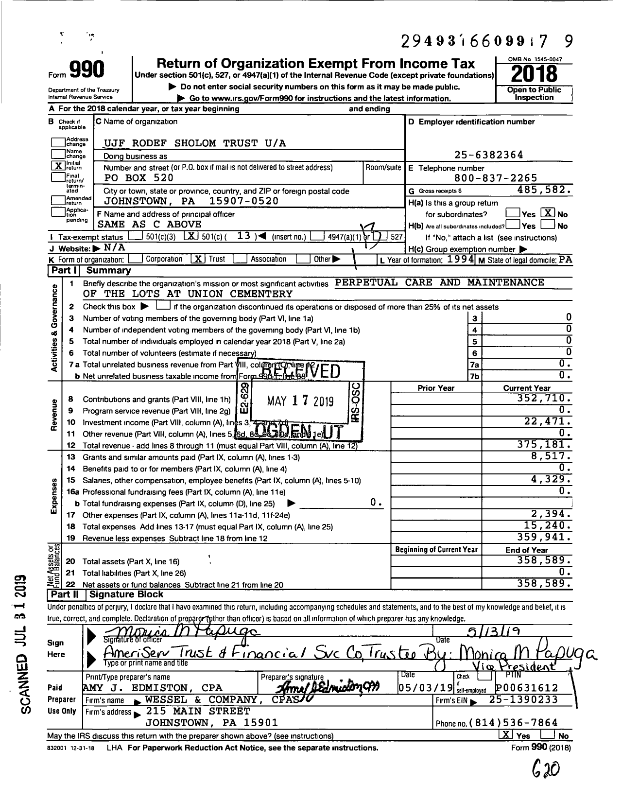 Image of first page of 2018 Form 990O for Ujf Rodef Sholom Trust