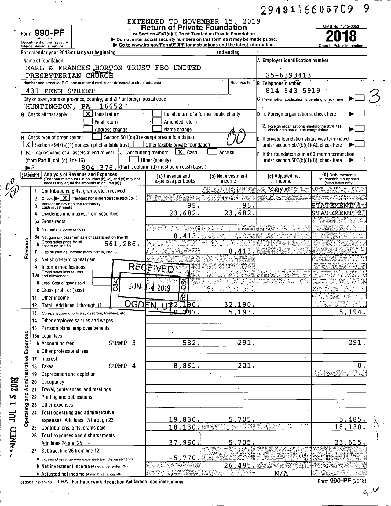 Image of first page of 2018 Form 990PF for Earl and Frances Horton Fbo United Presbyterian