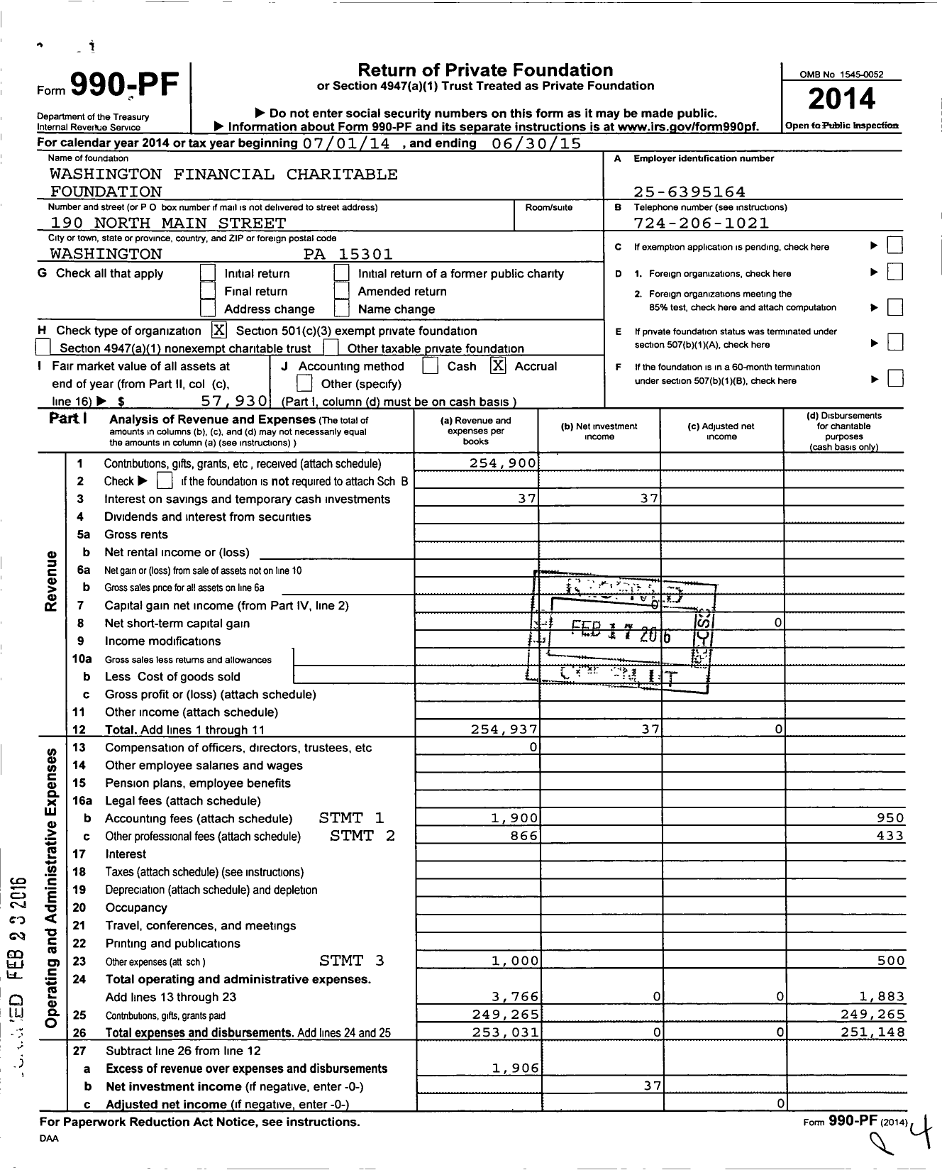 Image of first page of 2014 Form 990PF for Washington Financial Charitable Foundation