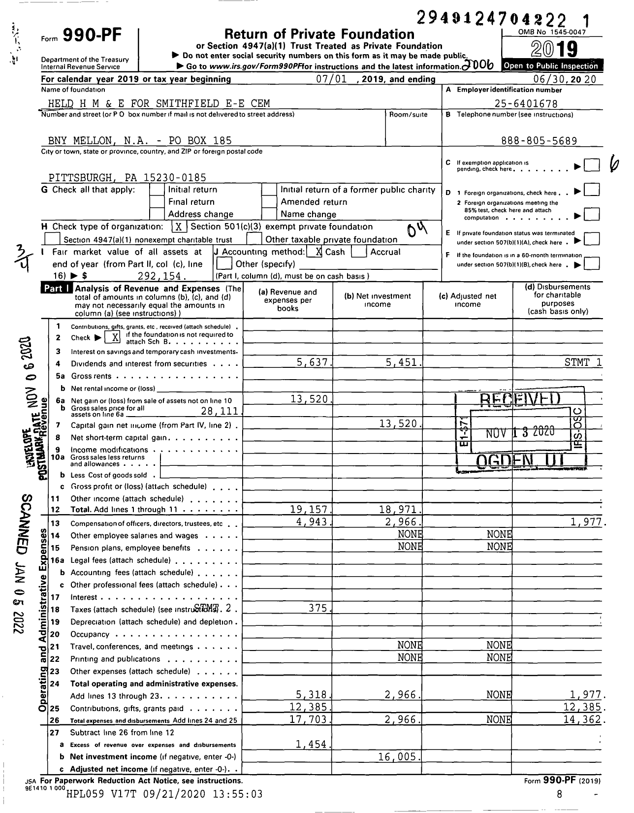 Image of first page of 2019 Form 990PF for Held H M and E for Smithfield E-E Cemetery