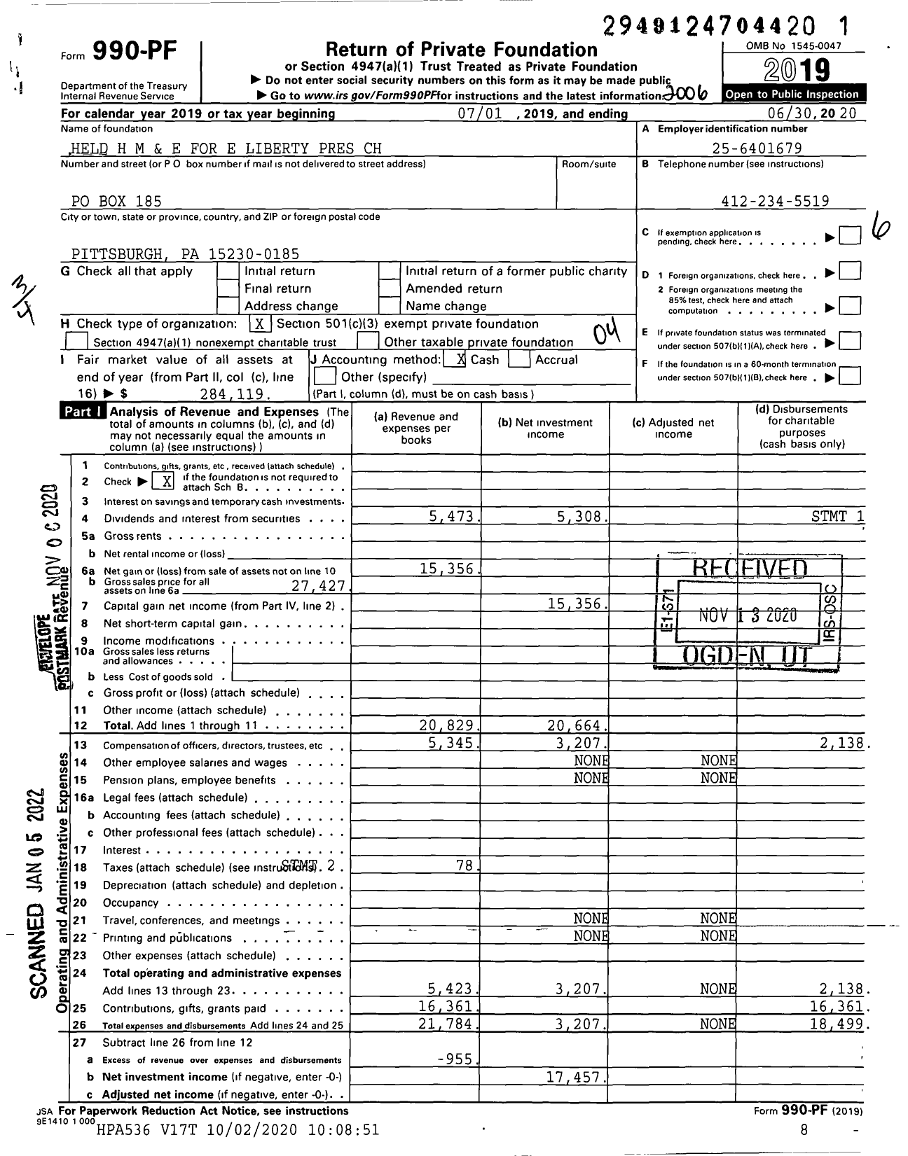 Image of first page of 2019 Form 990PF for Held H M and E for E Liberty Pres CH