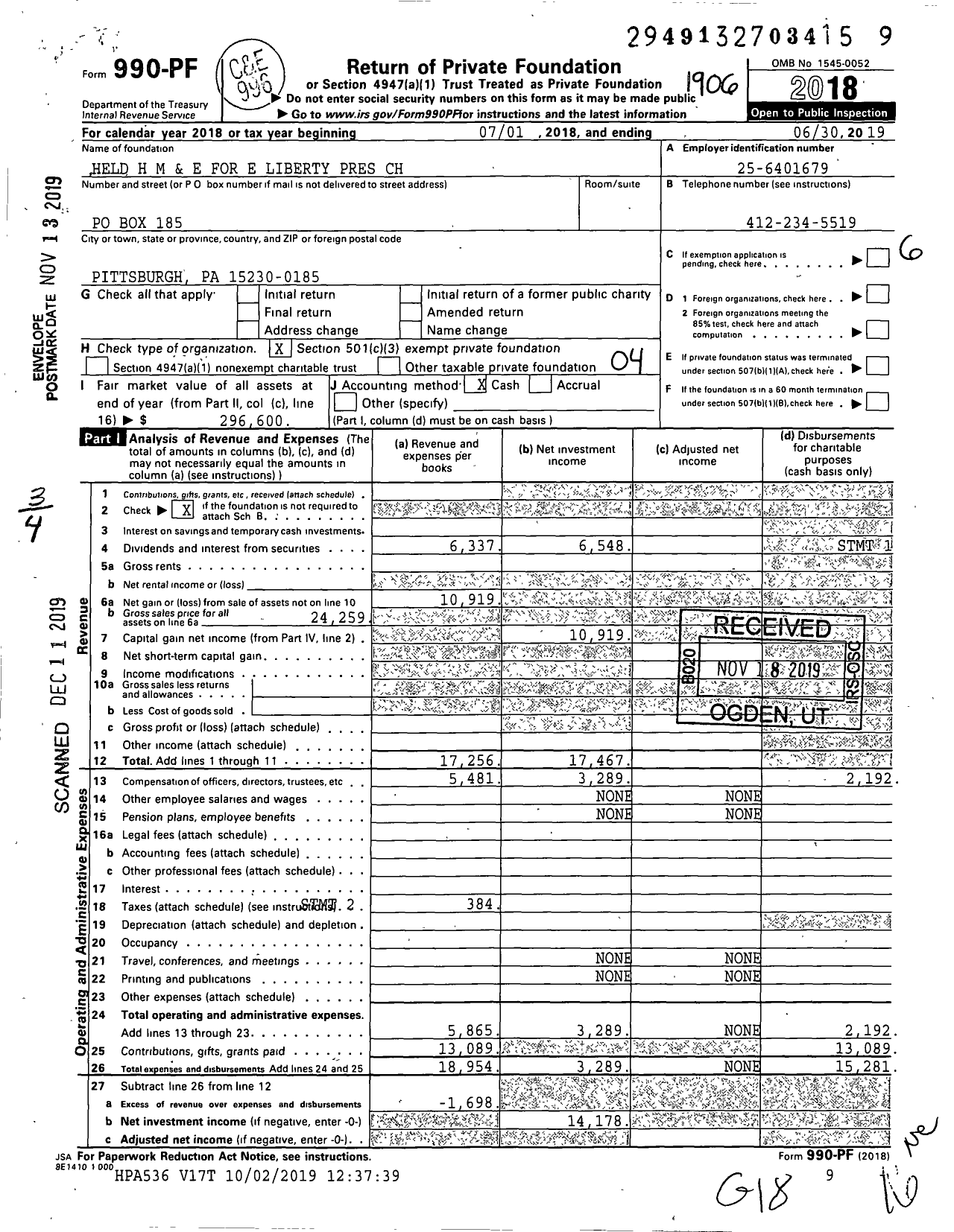 Image of first page of 2018 Form 990PF for Held H M and E for E Liberty Pres CH