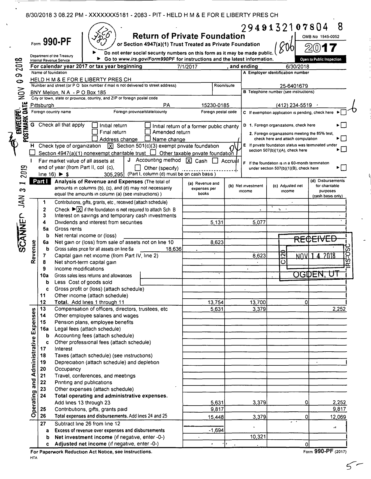 Image of first page of 2017 Form 990PF for Held H M and E for E Liberty Pres CH