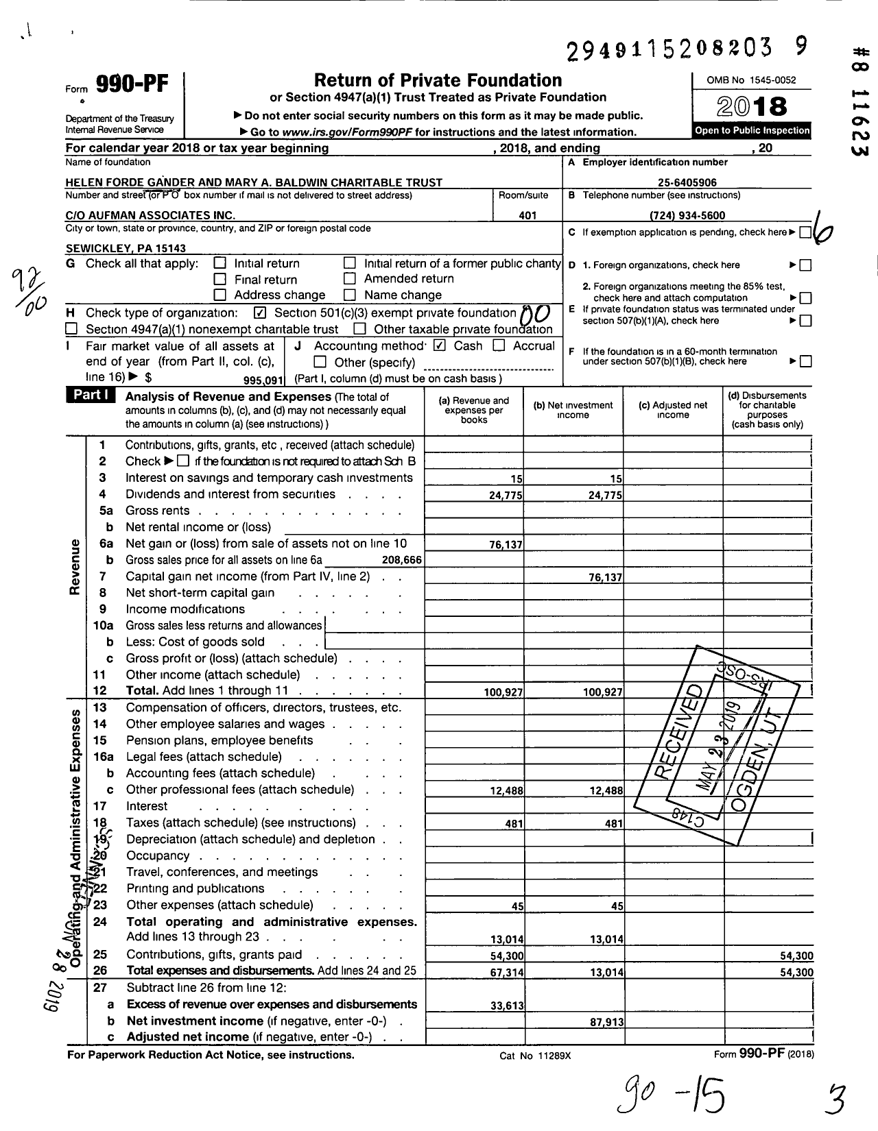 Image of first page of 2018 Form 990PF for Helen Forde Gander and Mary A Baldwin Charitable Trust