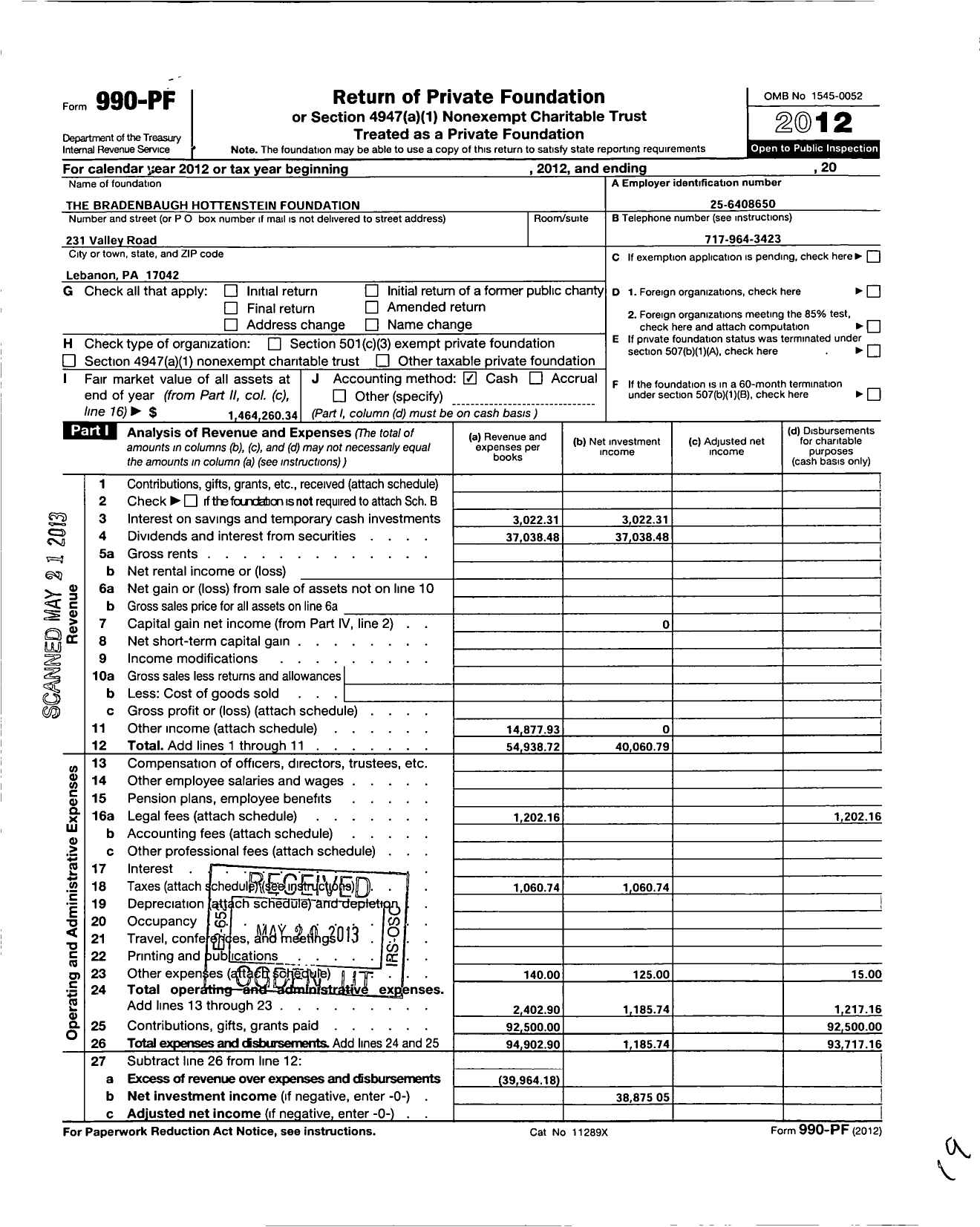 Image of first page of 2012 Form 990PF for Bradenbaugh Hottenstein Foundation