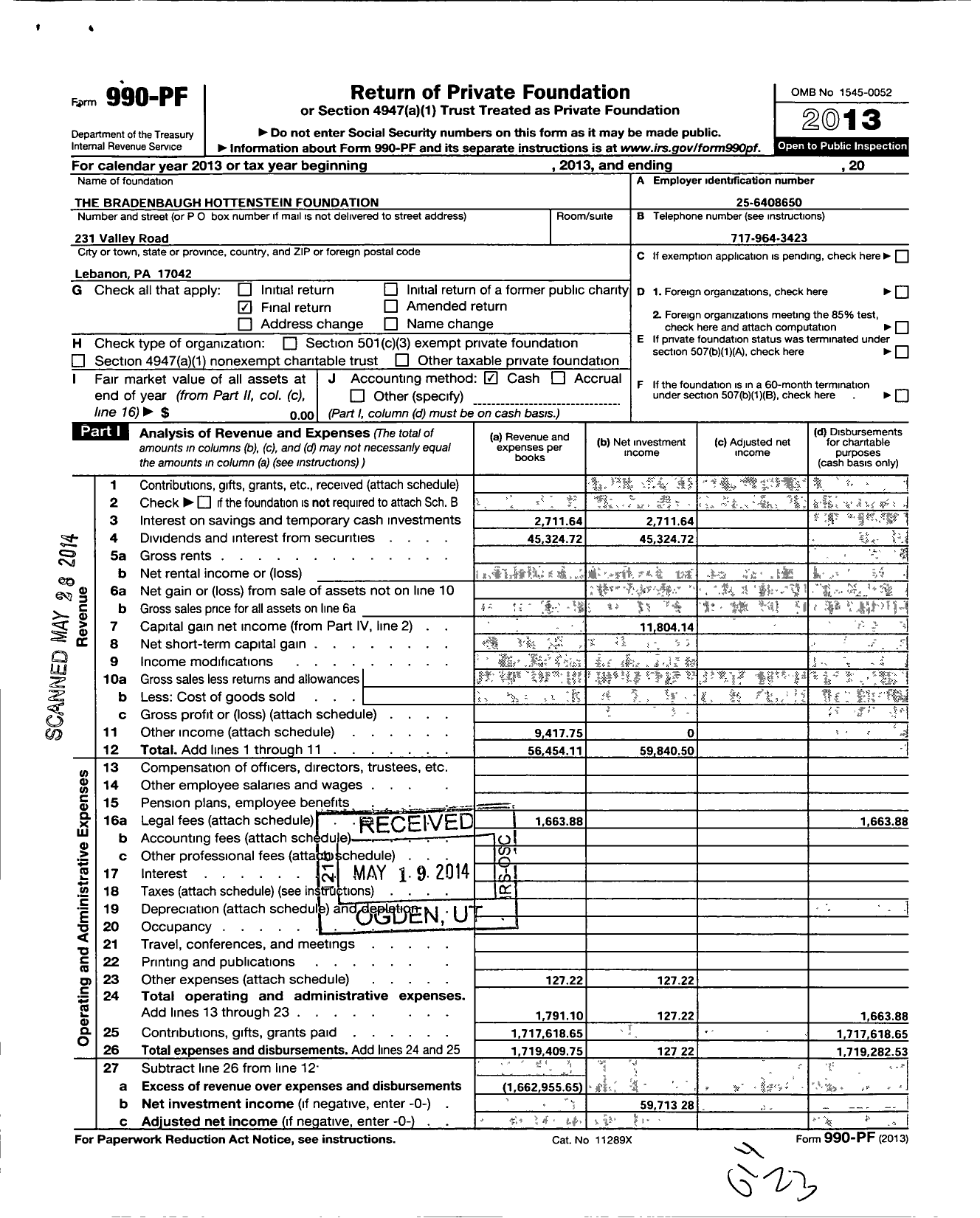Image of first page of 2013 Form 990PF for Bradenbaugh Hottenstein Foundation
