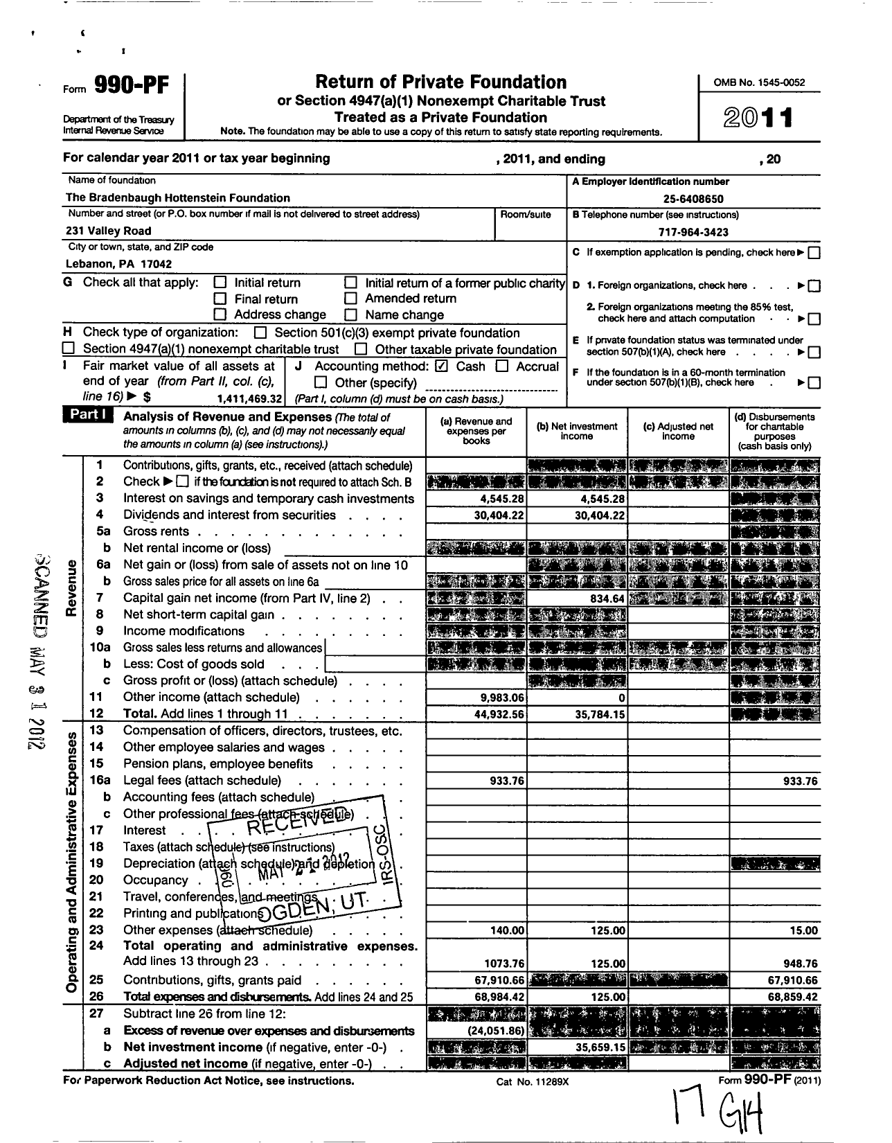 Image of first page of 2011 Form 990PF for Bradenbaugh Hottenstein Foundation