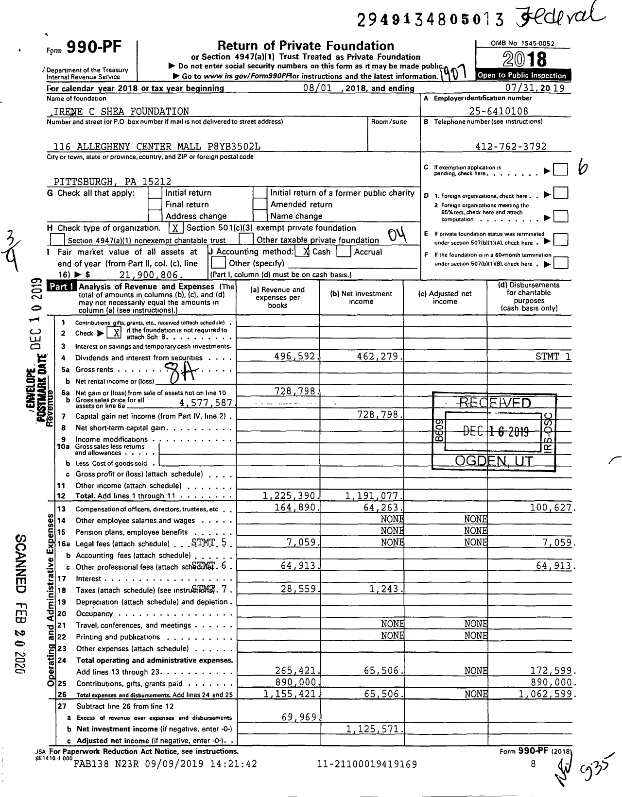 Image of first page of 2018 Form 990PF for Irene C Shea Foundation