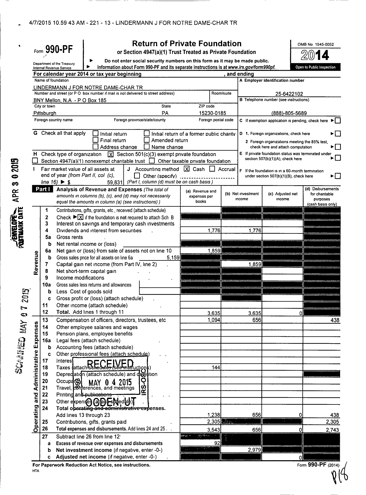 Image of first page of 2014 Form 990PF for Lindermann J for Notre Dame-Char Trust