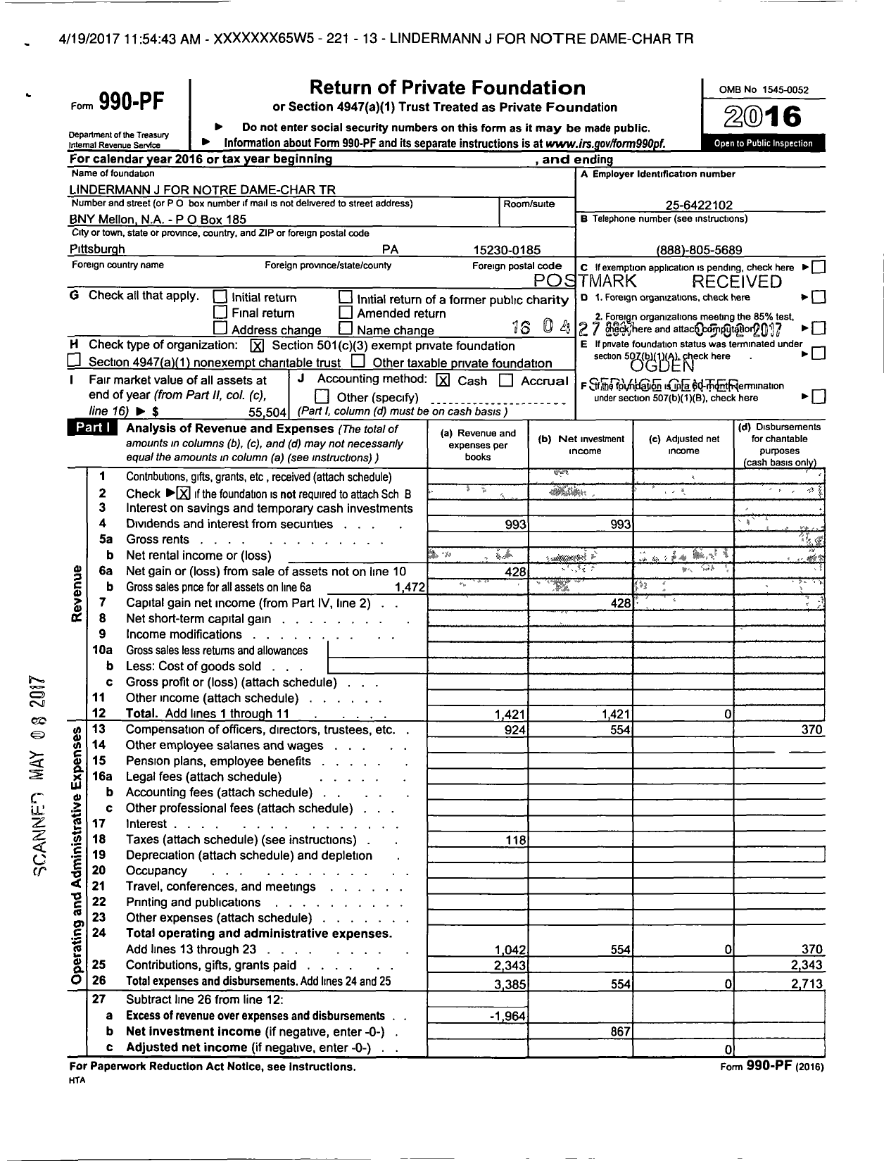 Image of first page of 2016 Form 990PF for Lindermann J for Notre Dame-Char Trust