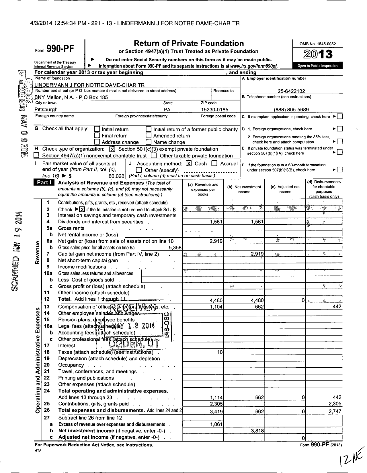 Image of first page of 2013 Form 990PF for Lindermann J for Notre Dame-Char Trust