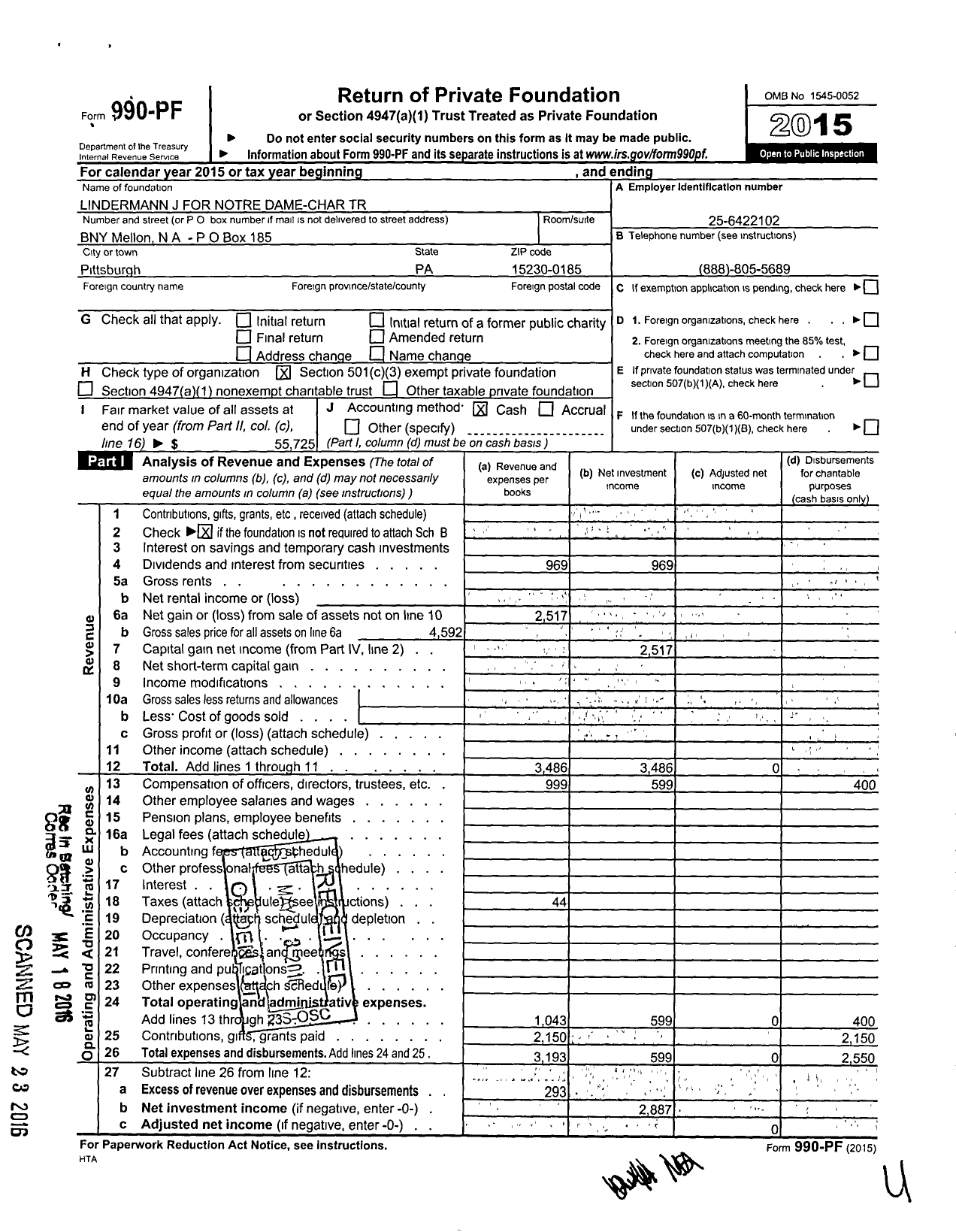 Image of first page of 2015 Form 990PF for Lindermann J for Notre Dame-Char Trust