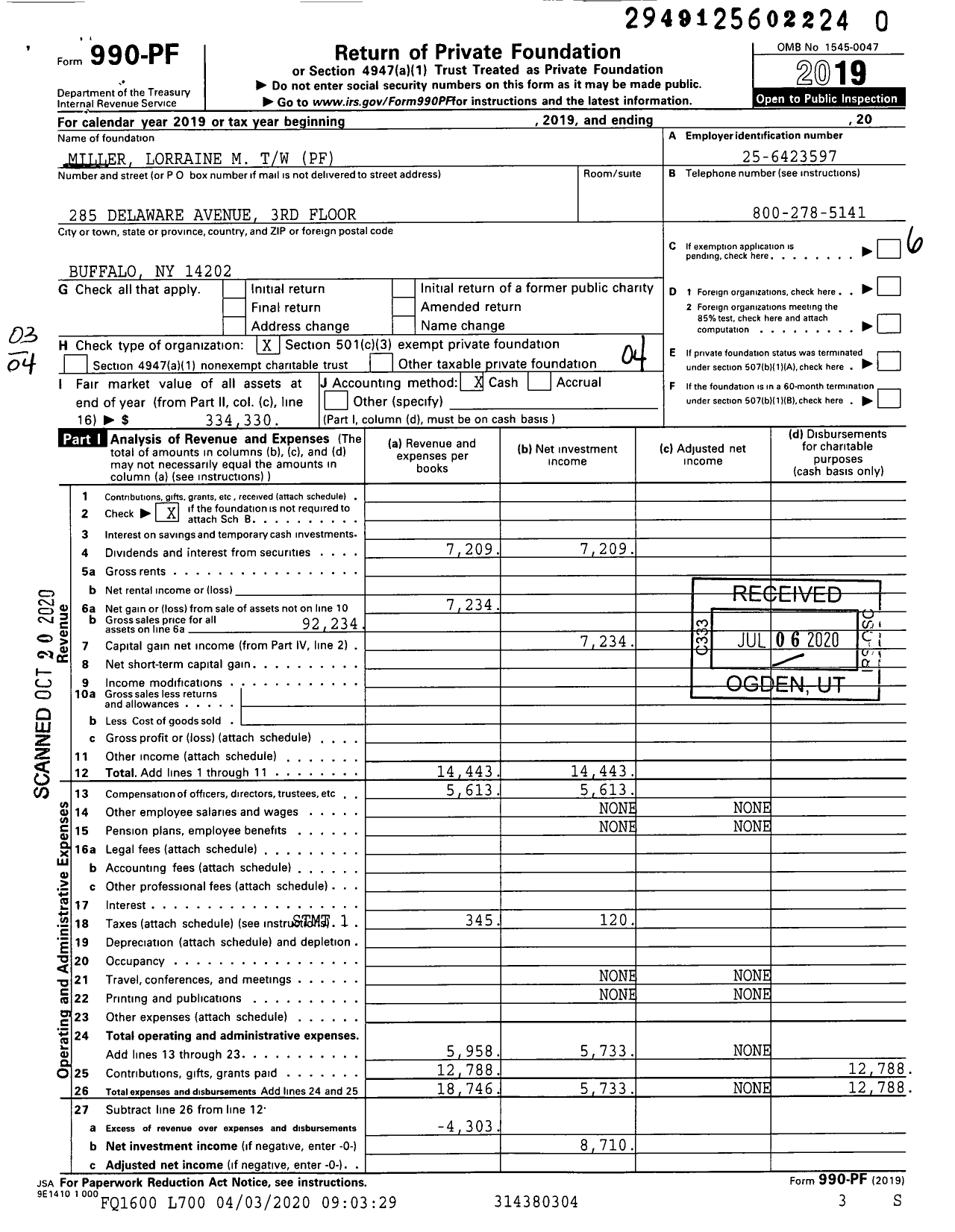 Image of first page of 2019 Form 990PR for Miller Lorraine M TW