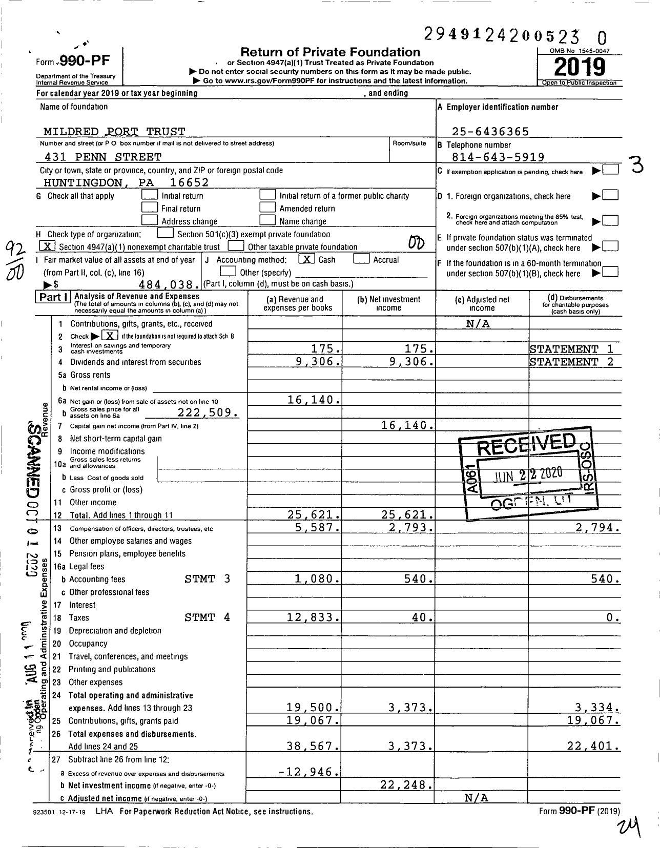 Image of first page of 2019 Form 990PR for Mildred D Port Fbo Charities