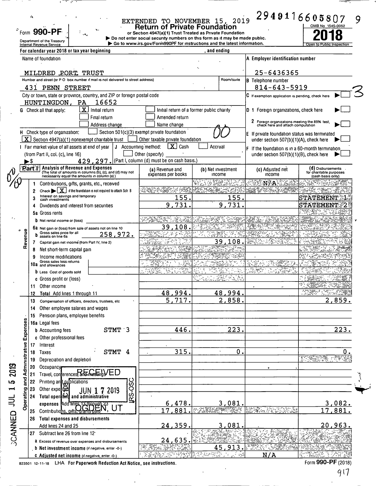 Image of first page of 2018 Form 990PF for Mildred D Port Fbo Charities