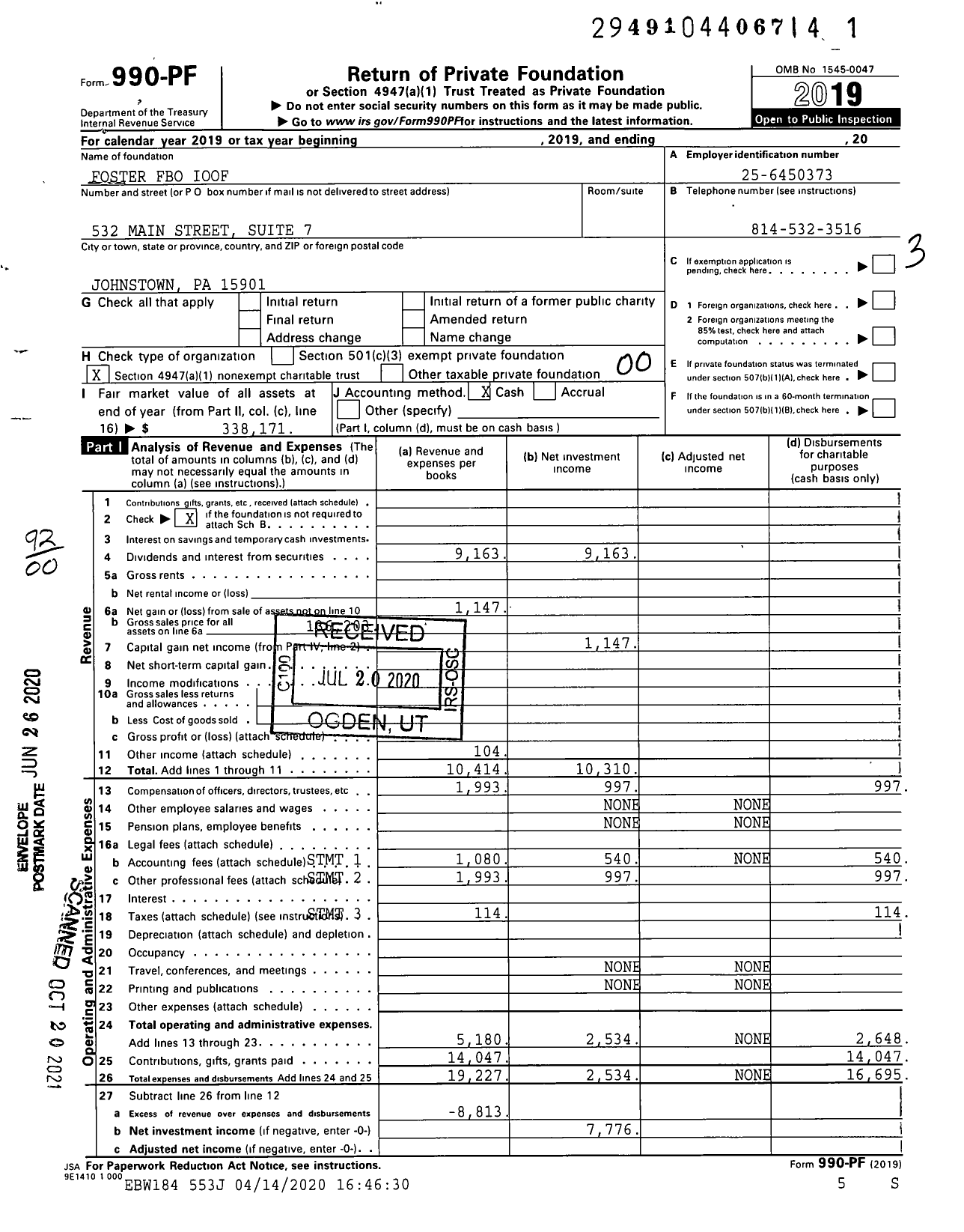 Image of first page of 2019 Form 990PF for Foster Fbo Ioof