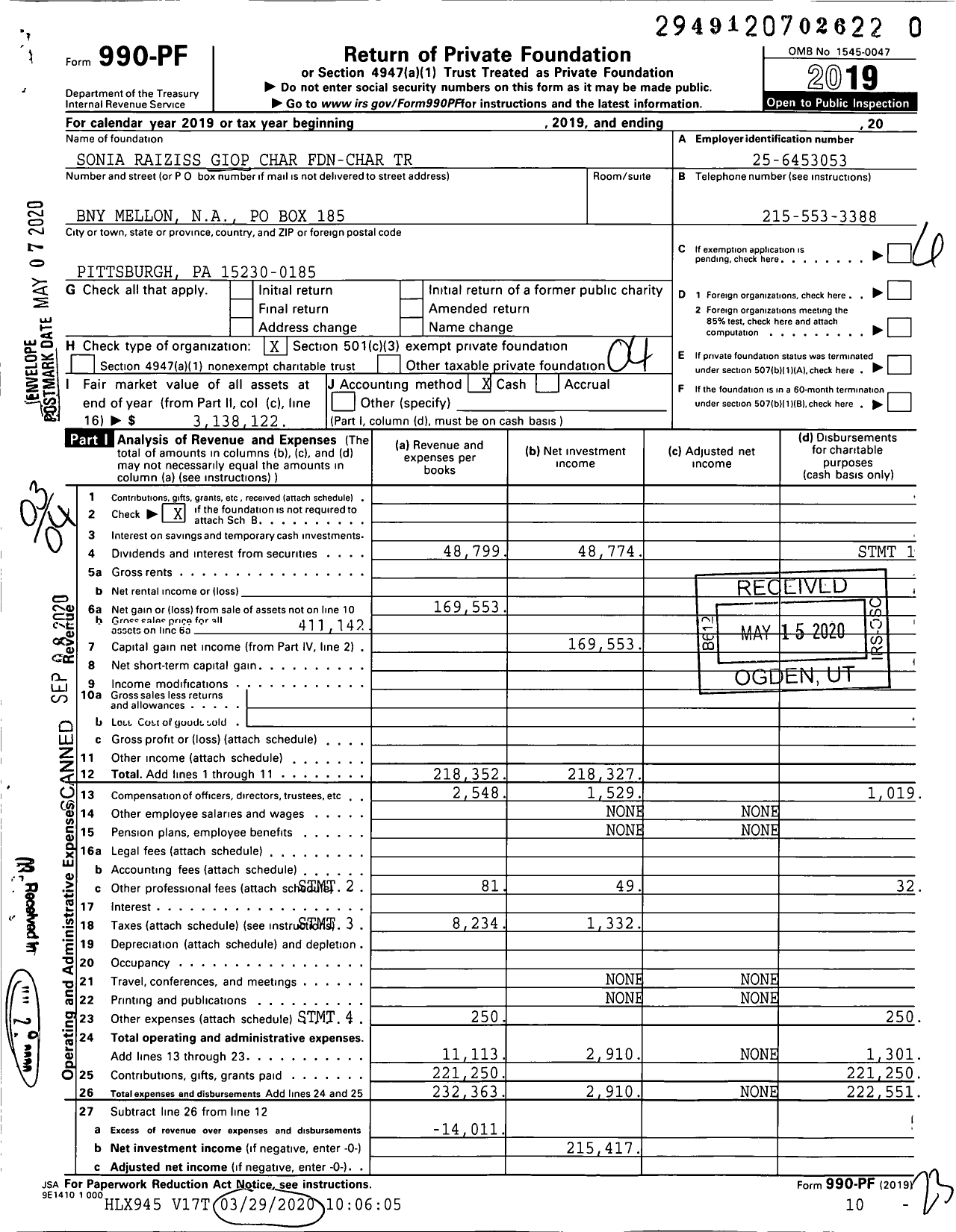 Image of first page of 2019 Form 990PR for Sonia Raiziss Giop Char Fdn-Char Trust