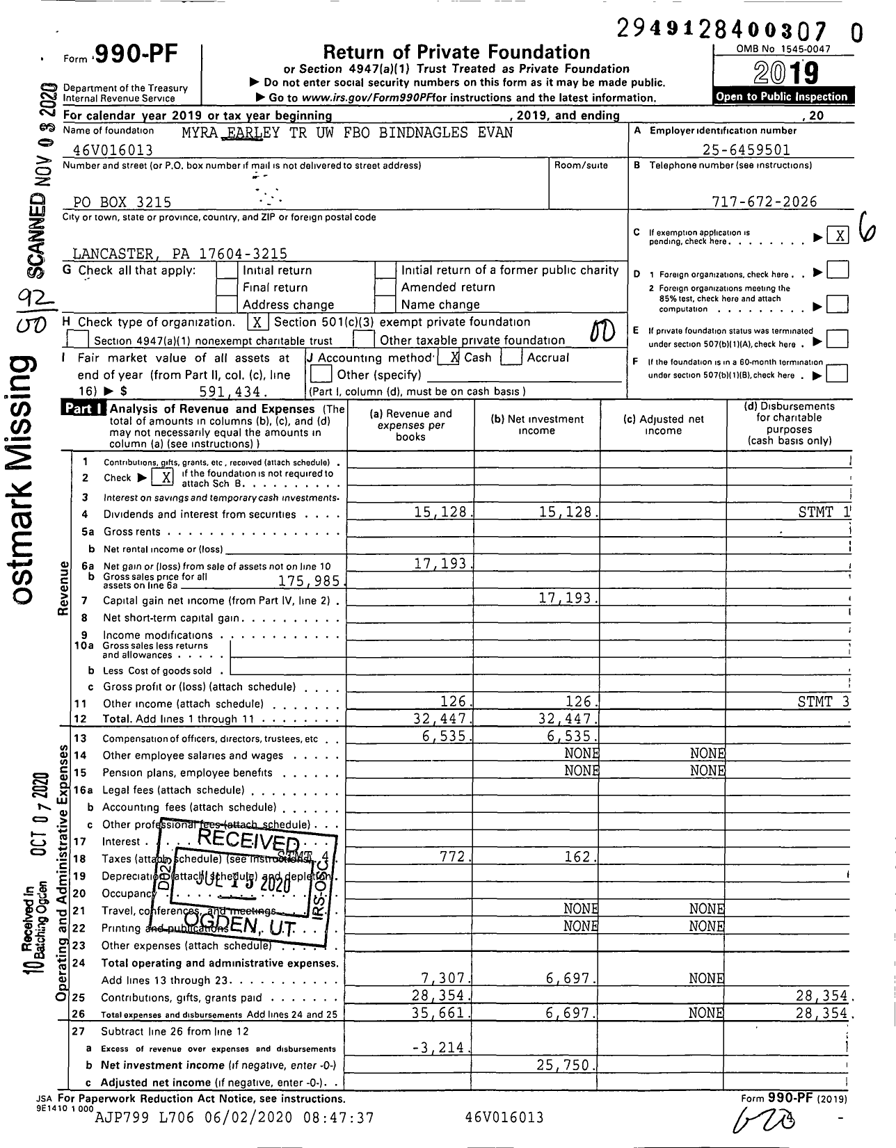 Image of first page of 2019 Form 990PF for Myra Earley TR Uw Fbo Bindnagles Evan