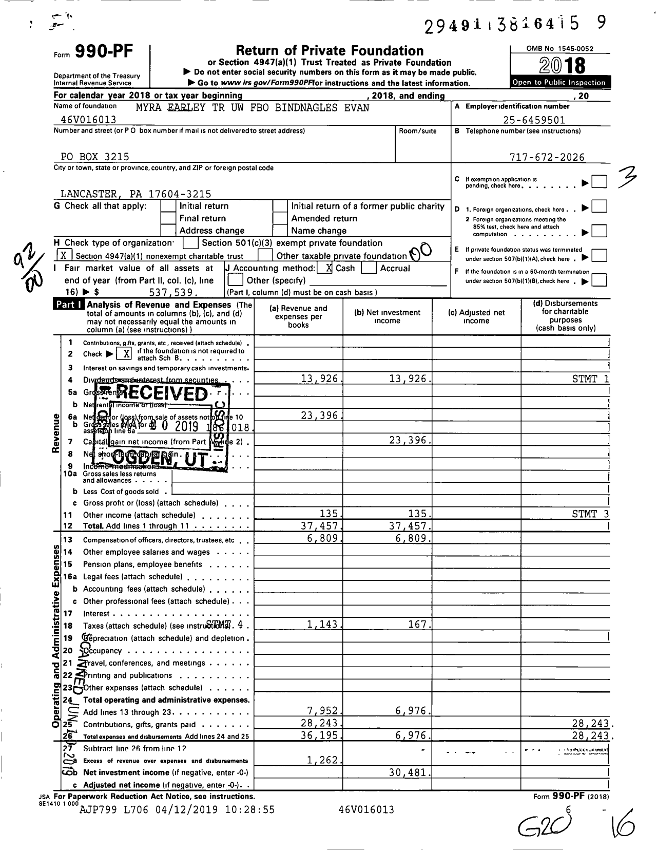 Image of first page of 2018 Form 990PF for Myra Earley TR Uw Fbo Bindnagles Evan