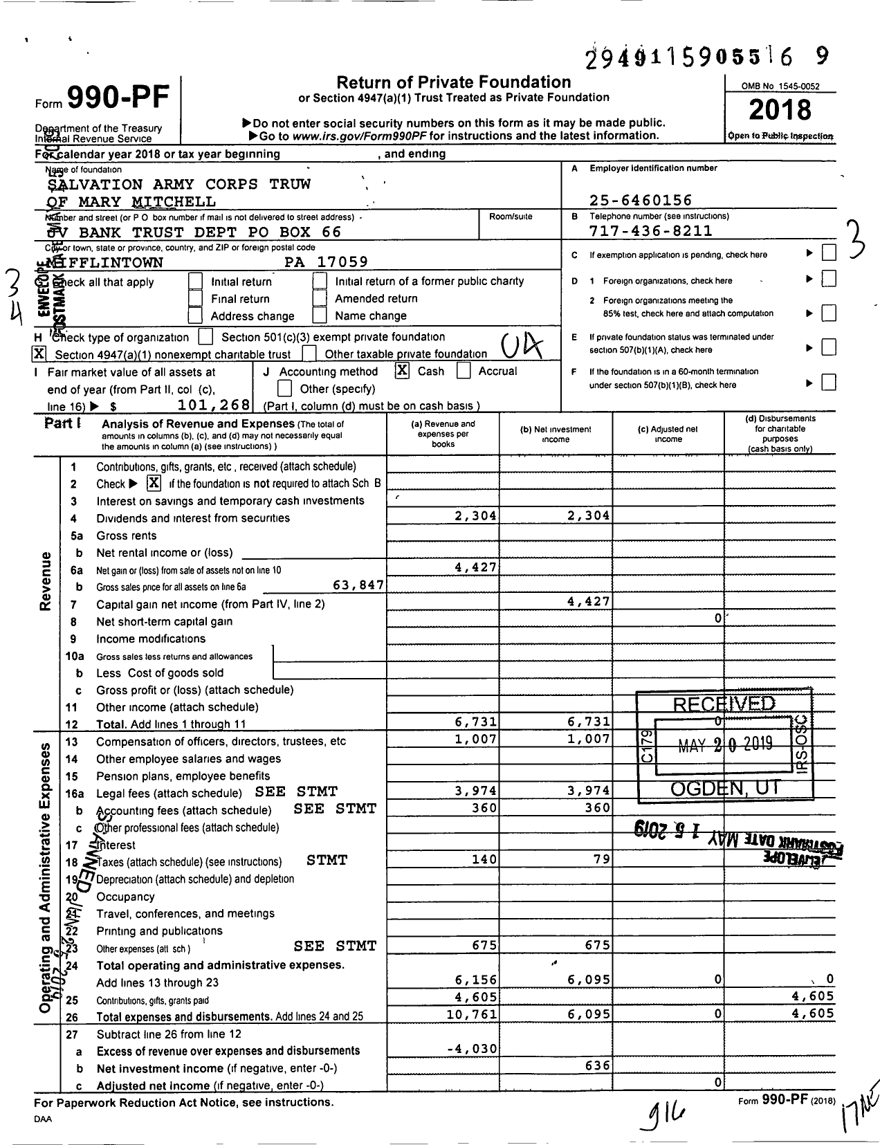 Image of first page of 2018 Form 990PF for Salvation Army Corps Truw of Mary Mitchell
