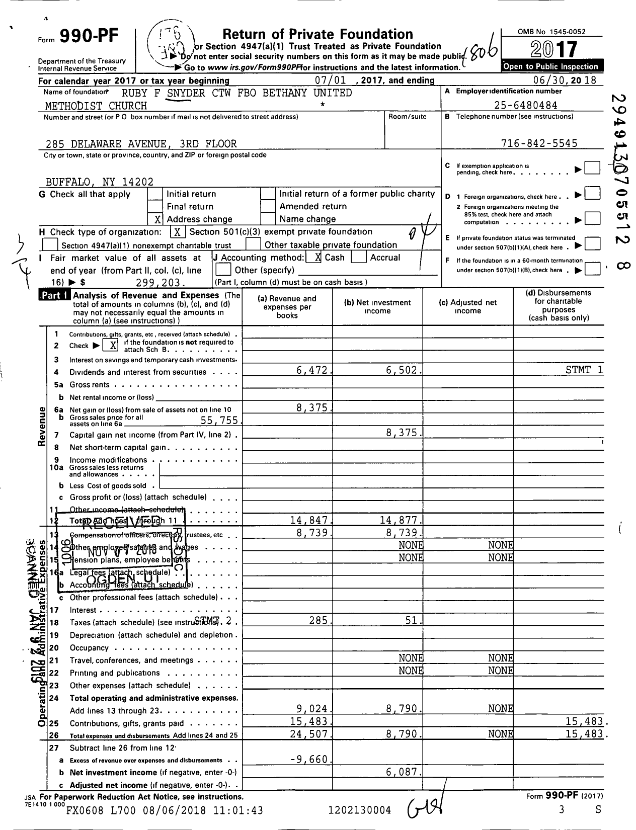 Image of first page of 2017 Form 990PF for Ruby F Snyder CTW Fbo Bethany United