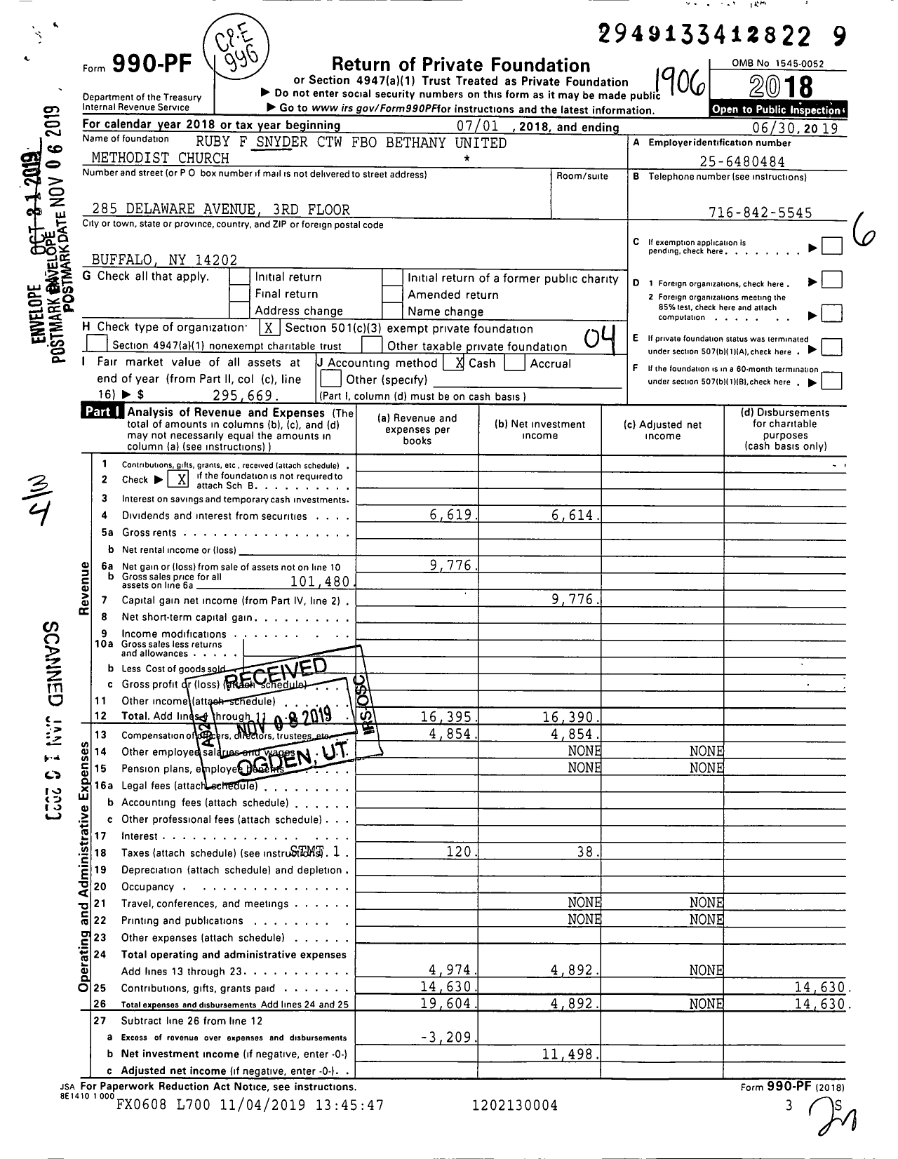 Image of first page of 2018 Form 990PF for Ruby F Snyder CTW Fbo Bethany United