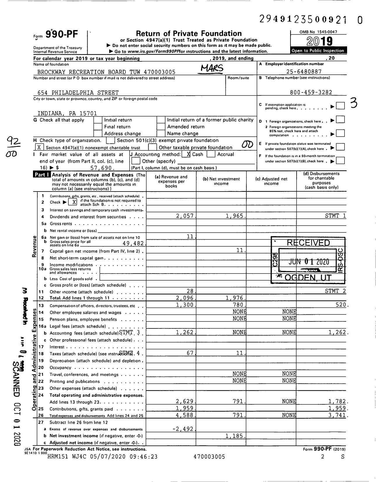 Image of first page of 2019 Form 990PR for Brockway Recreation Board Tuw 470003005