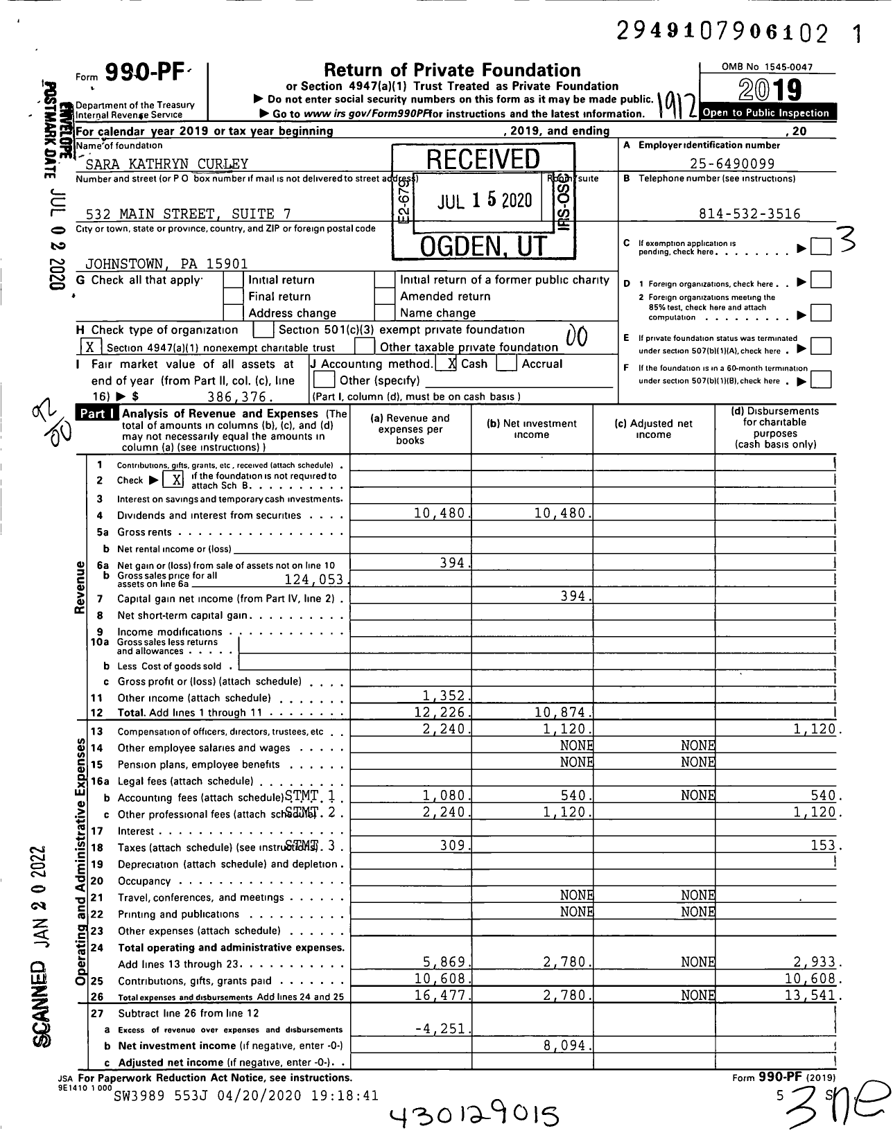 Image of first page of 2019 Form 990PF for Sara Kathryn Curley