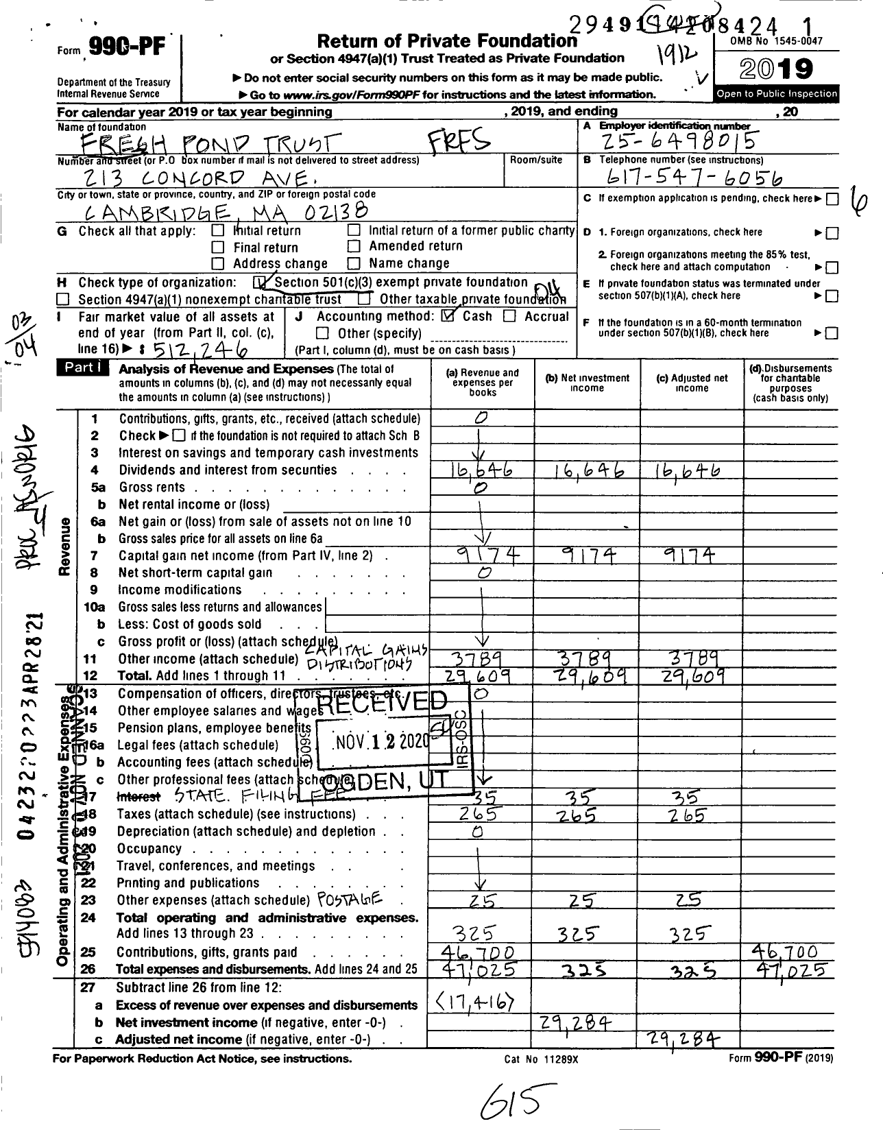 Image of first page of 2019 Form 990PF for Fresh Pond Trust