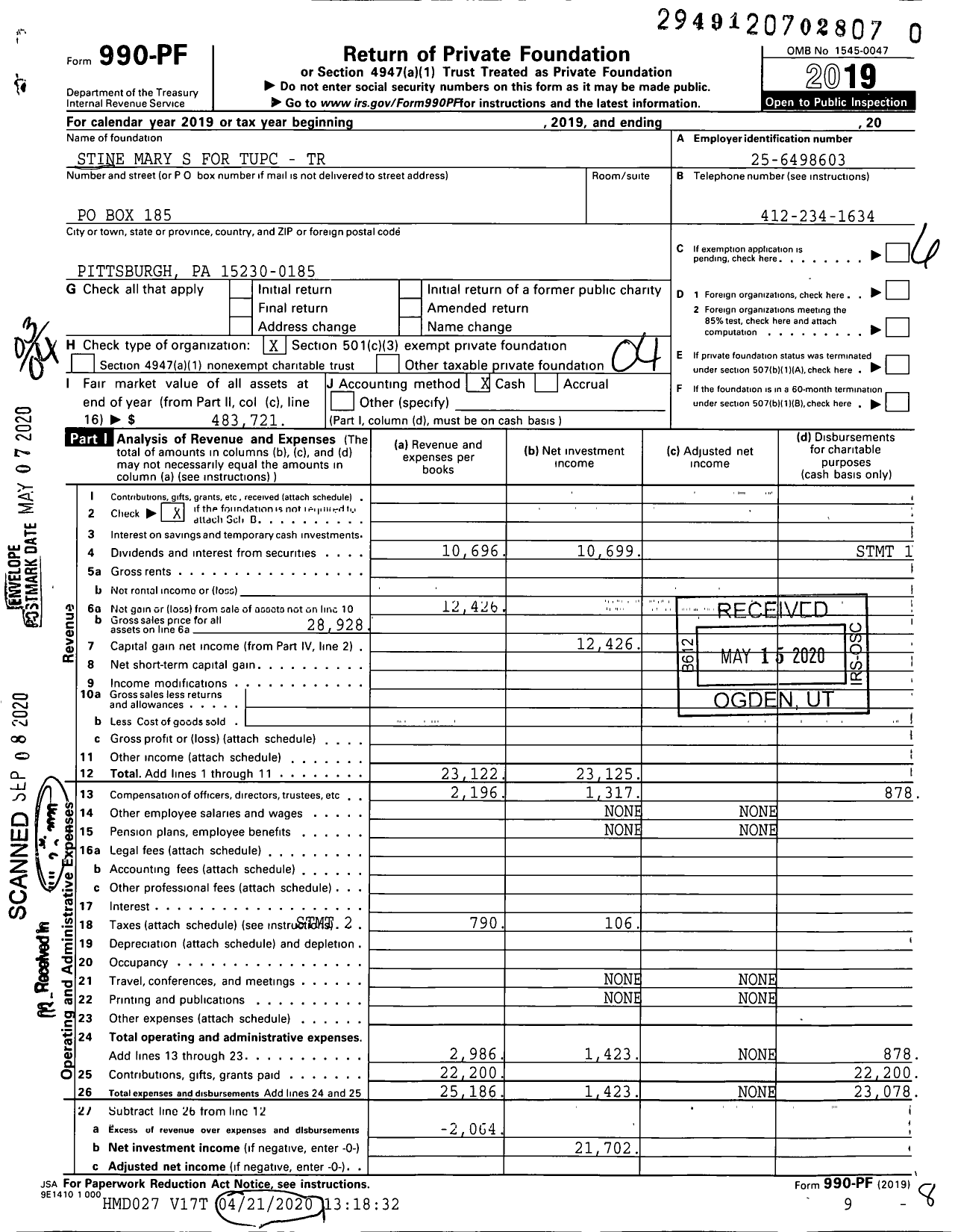 Image of first page of 2019 Form 990PR for Stine Mary S for Tupc - Trust