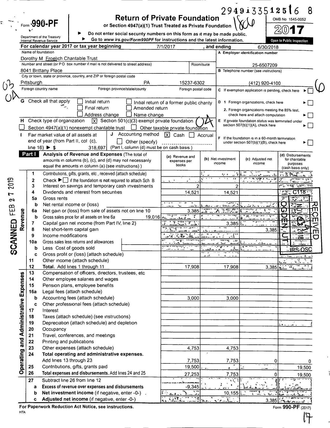 Image of first page of 2017 Form 990PF for Dorothy M Froelich Charitable Trust