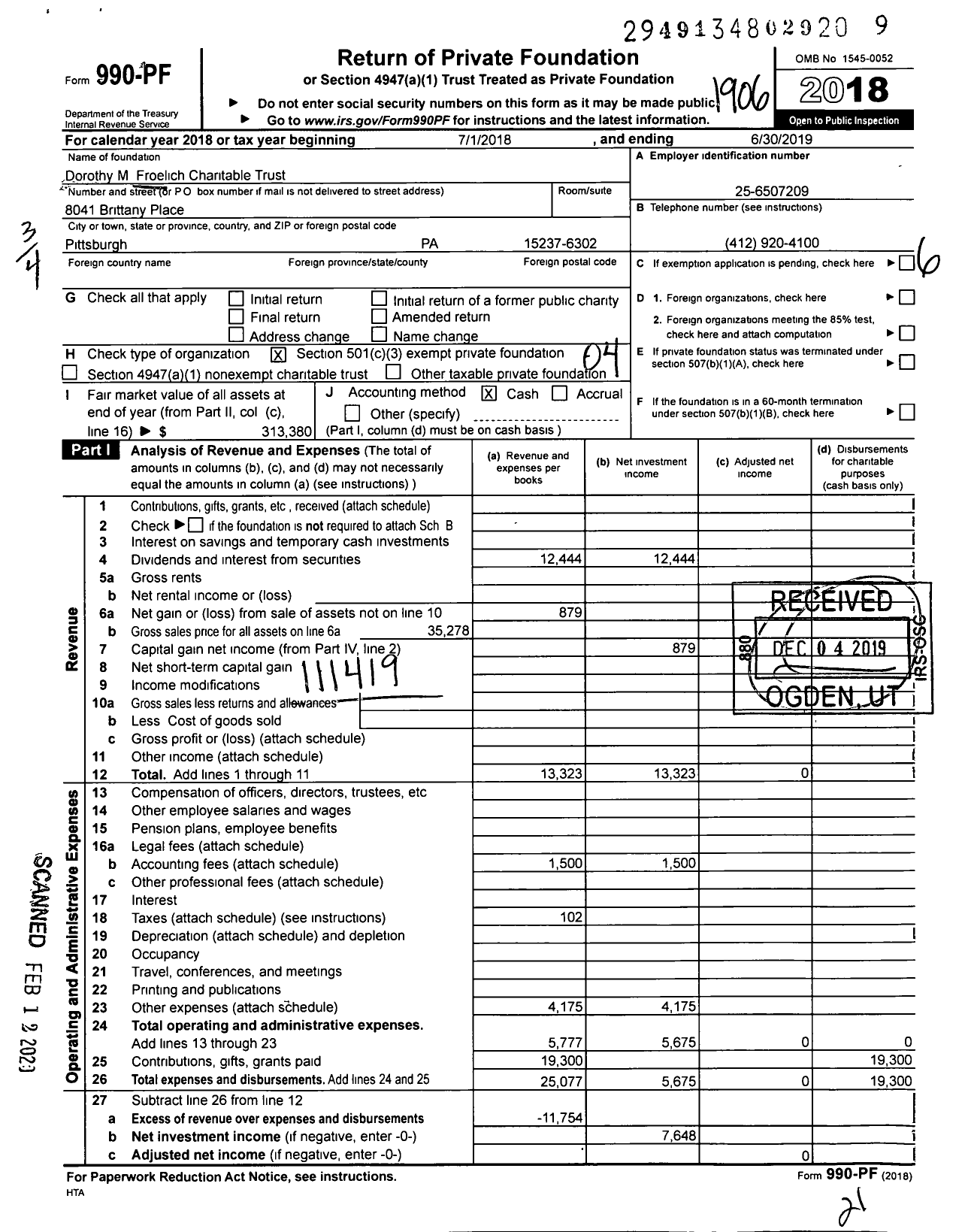 Image of first page of 2018 Form 990PF for Dorothy M Froelich Charitable Trust