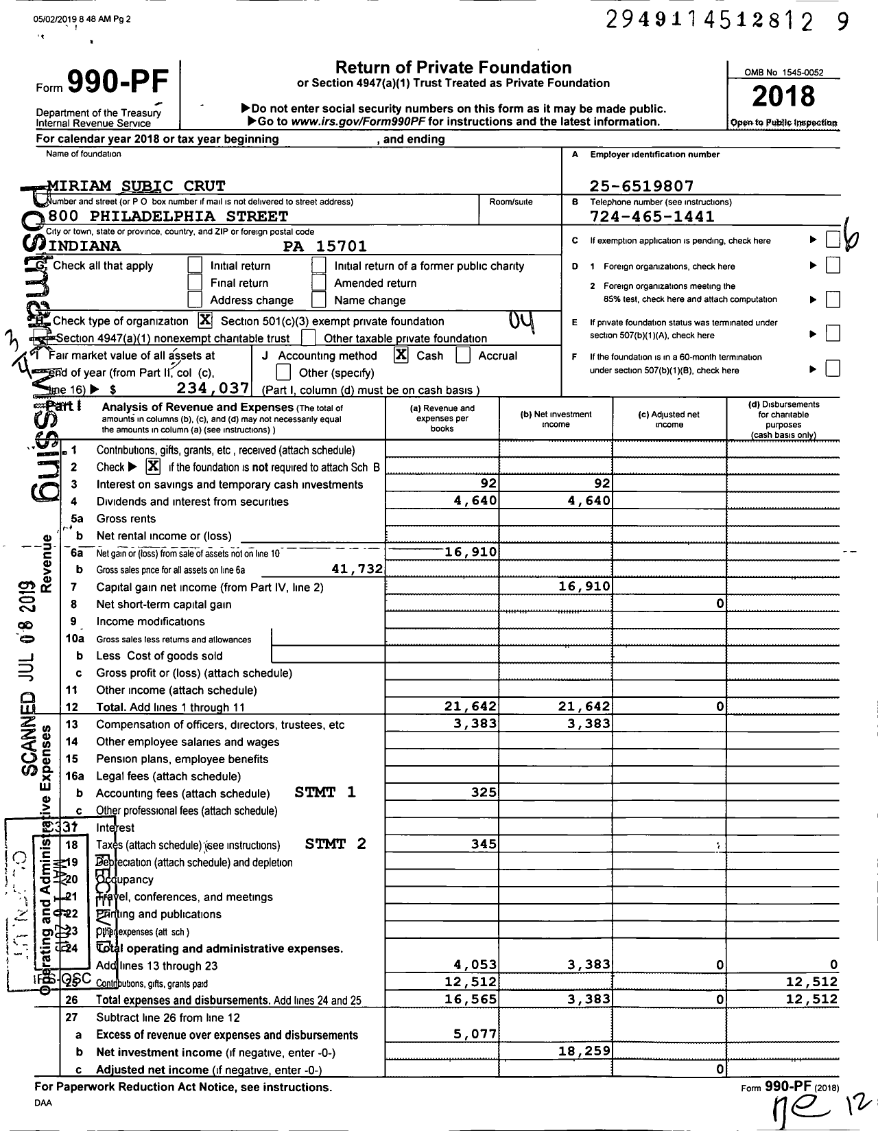 Image of first page of 2018 Form 990PF for Miriam Subic Crut