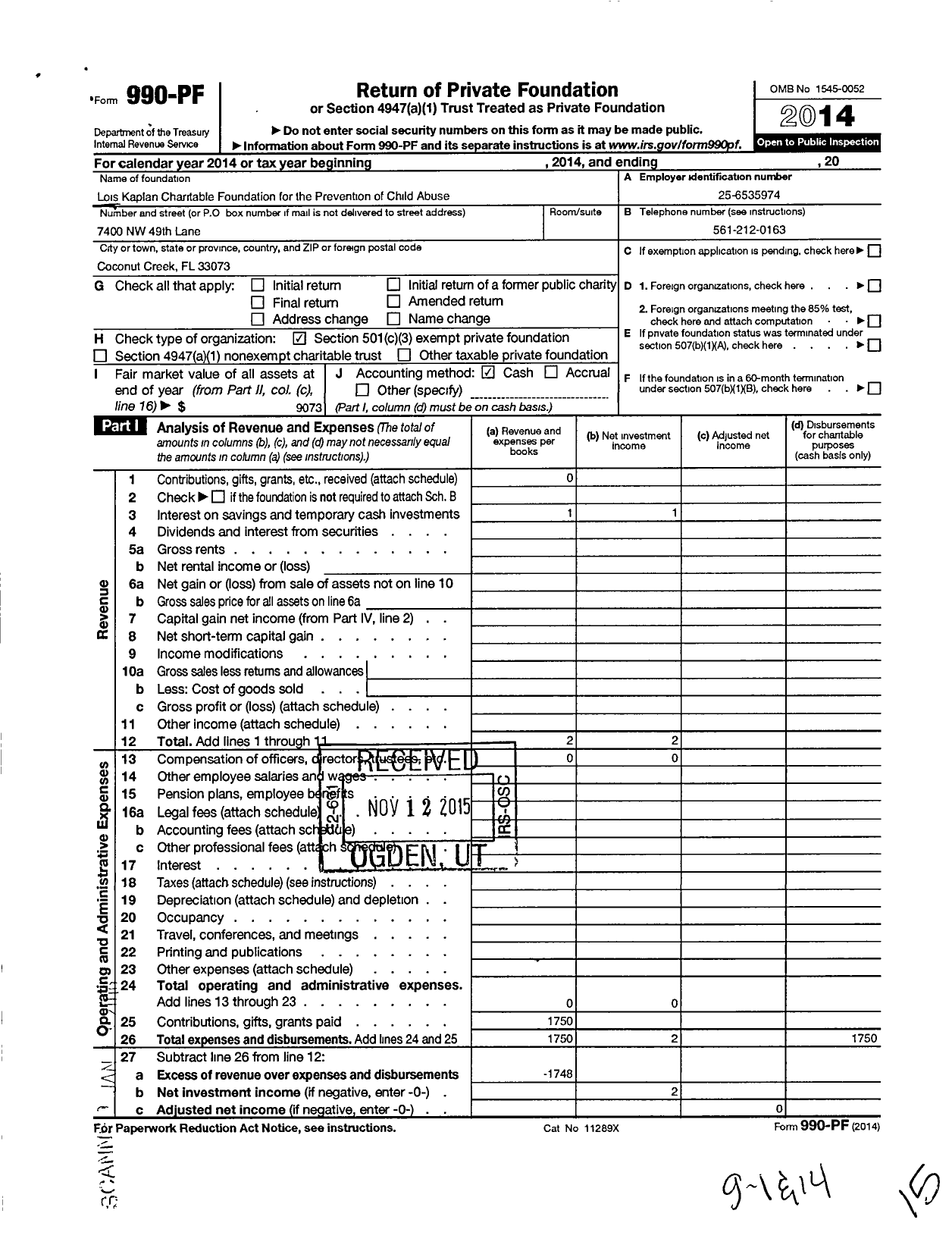 Image of first page of 2014 Form 990PF for Lois Kaplan Charitable Foundation for the Prevention of Child Ab