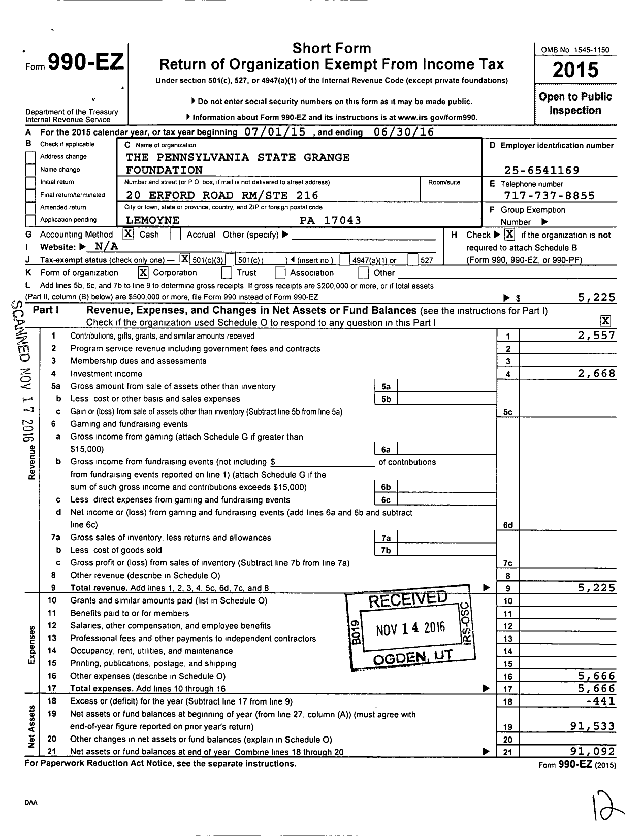 Image of first page of 2015 Form 990EZ for The Pennsylvania State Grange Foundation