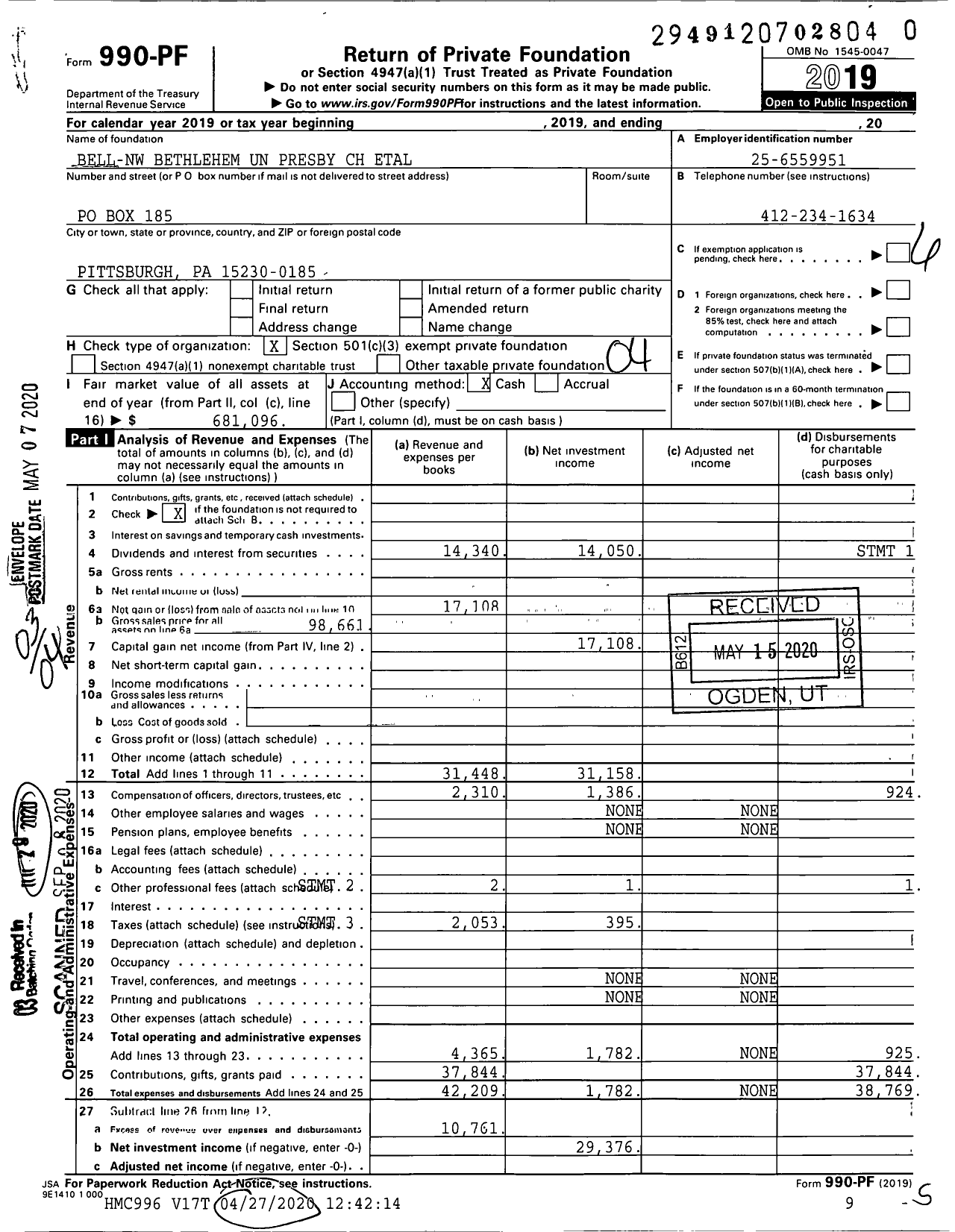 Image of first page of 2019 Form 990PR for Bell-Nw Bethlehem Un Presby CH Etal