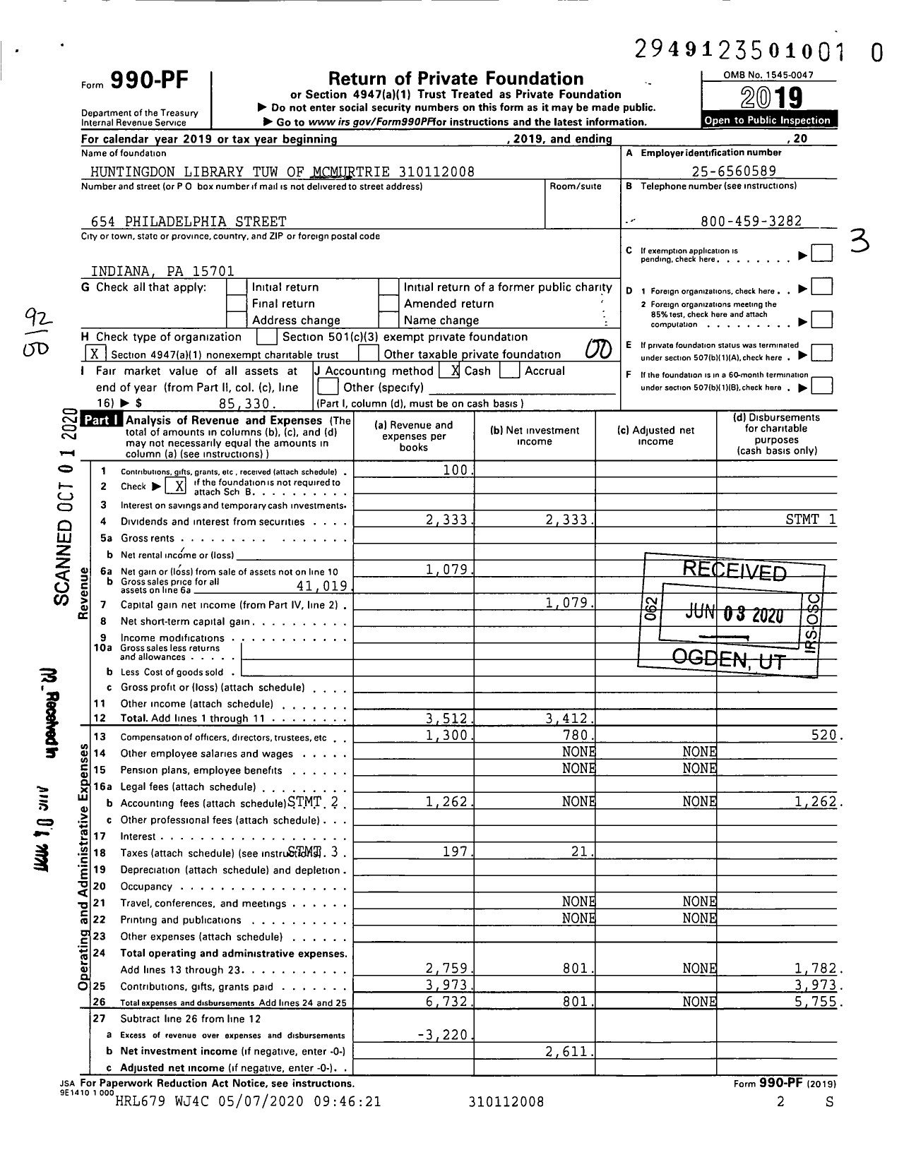 Image of first page of 2019 Form 990PR for Huntingdon Library Tuw of Mcmurtrie XXX-XX-XXXX