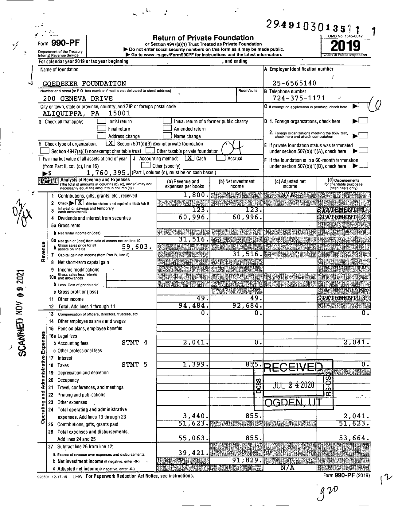 Image of first page of 2019 Form 990PF for Goedeker Foundation