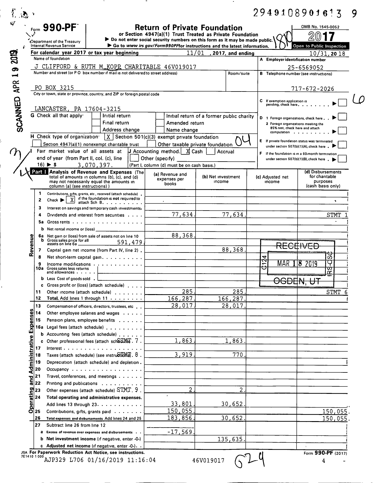 Image of first page of 2017 Form 990PF for J Clifford and Ruth M Kopp Charitable 46v019017