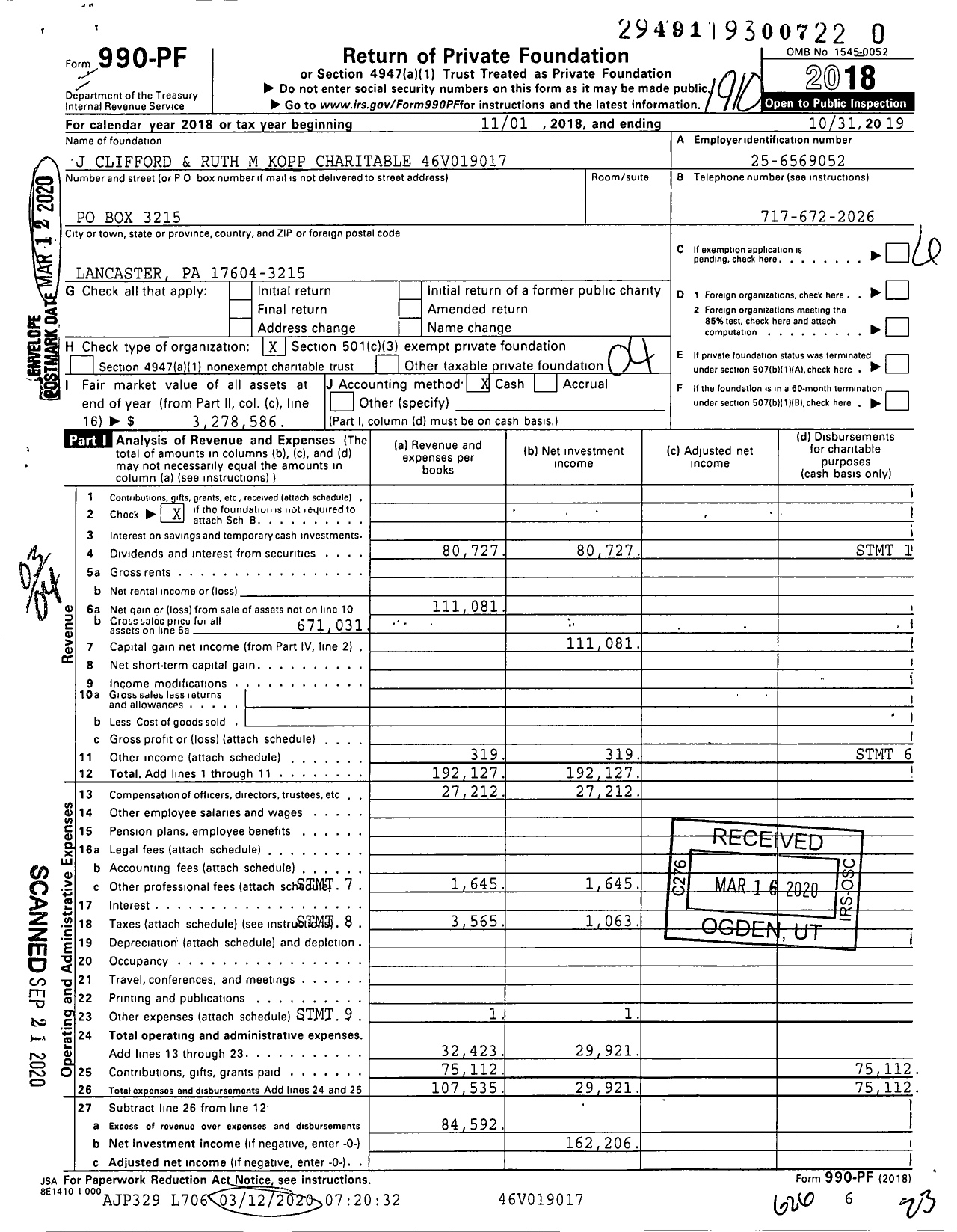 Image of first page of 2018 Form 990PR for J Clifford and Ruth M Kopp Charitable 46v019017